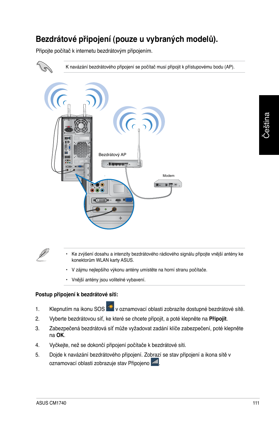 Bezdrátové připojení (pouze u vybraných modelů), Bezdrátové připojení �pouze u vybraných modelů, Čeština | Asus CM1740 User Manual | Page 111 / 330