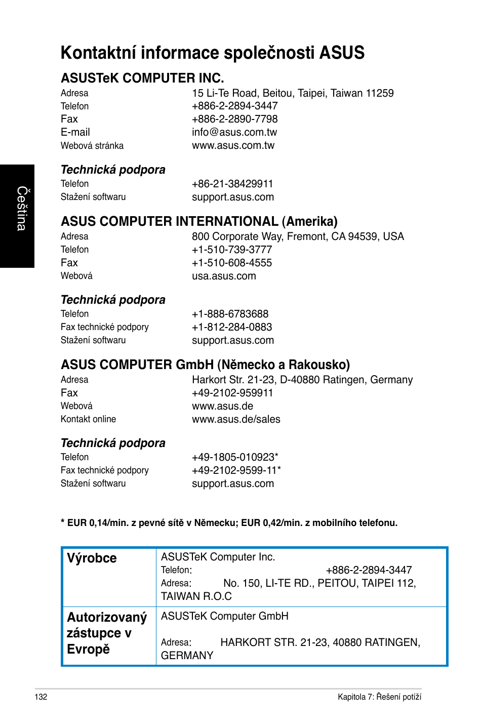 Kontaktní informace společnosti asus, Čeština, Asustek computer inc | Asus computer international �amerika, Asus computer gmbh �německo a rakousko, Výrobce, Autorizovaný zástupce v evropě | Asus CM1740 User Manual | Page 132 / 330