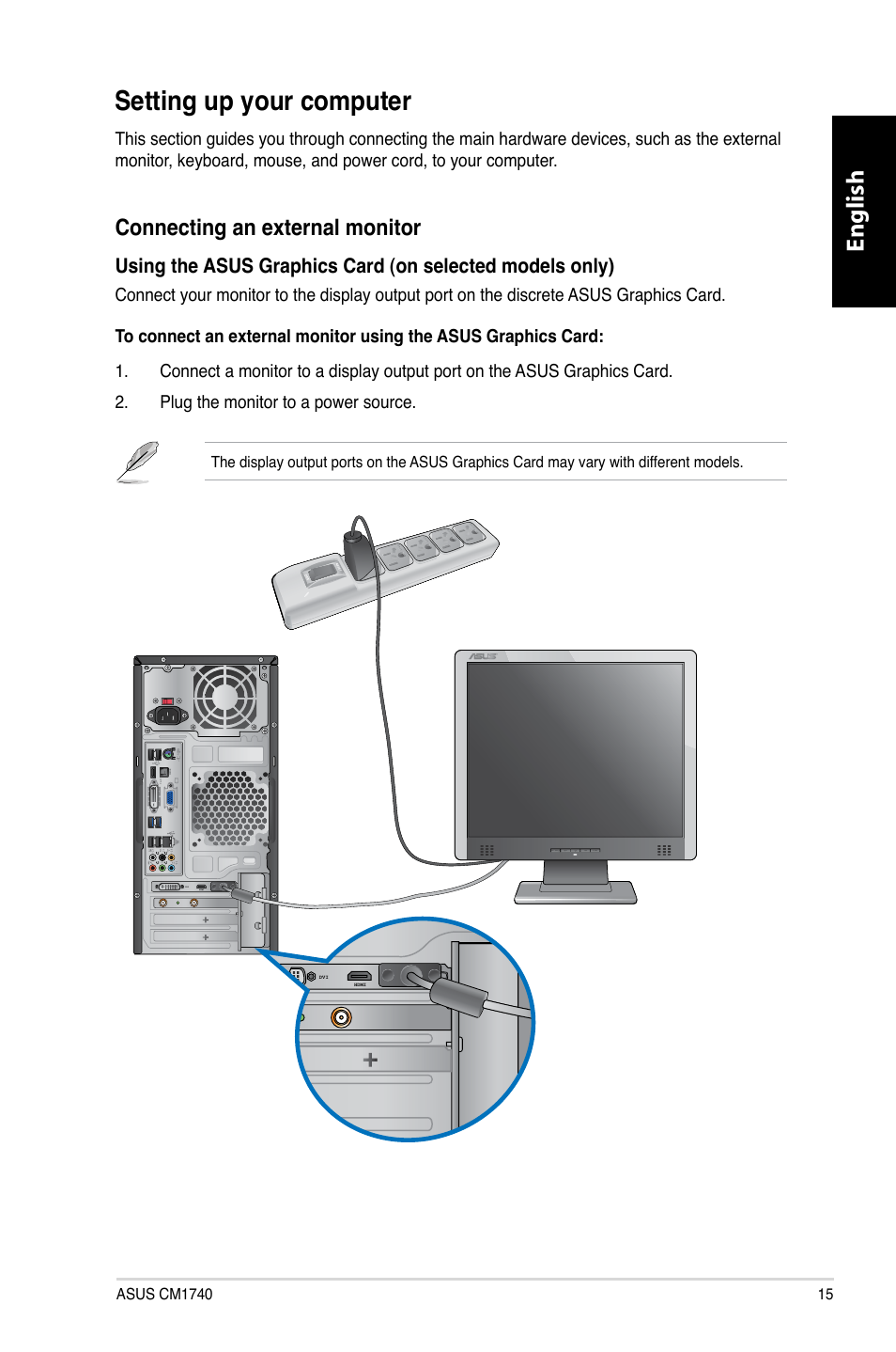 Setting up your computer, English, Connecting an external monitor | Asus CM1740 User Manual | Page 15 / 330