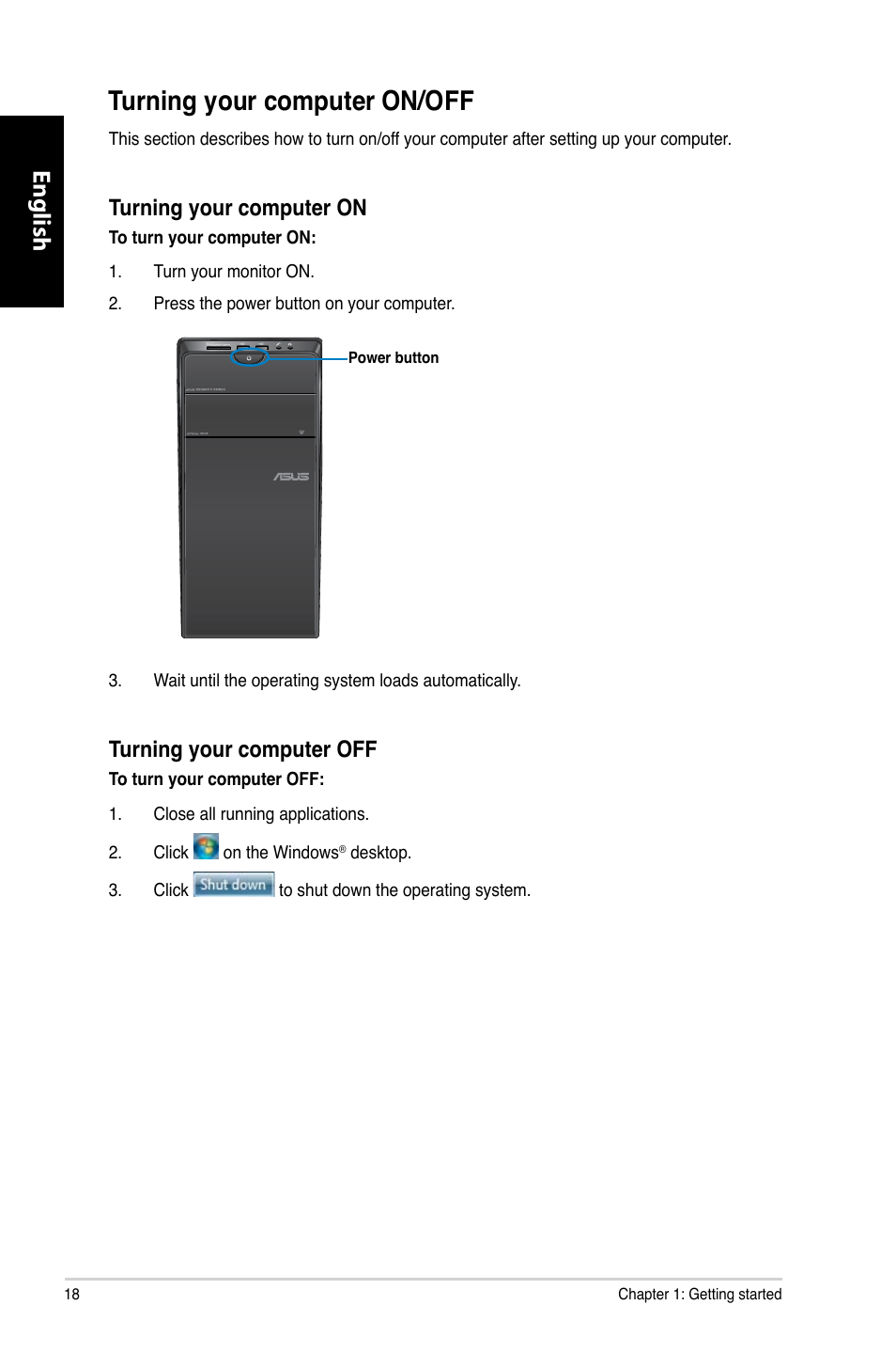 Turning your computer on/off, English, Turning your computer on | Turning your computer off | Asus CM1740 User Manual | Page 18 / 330