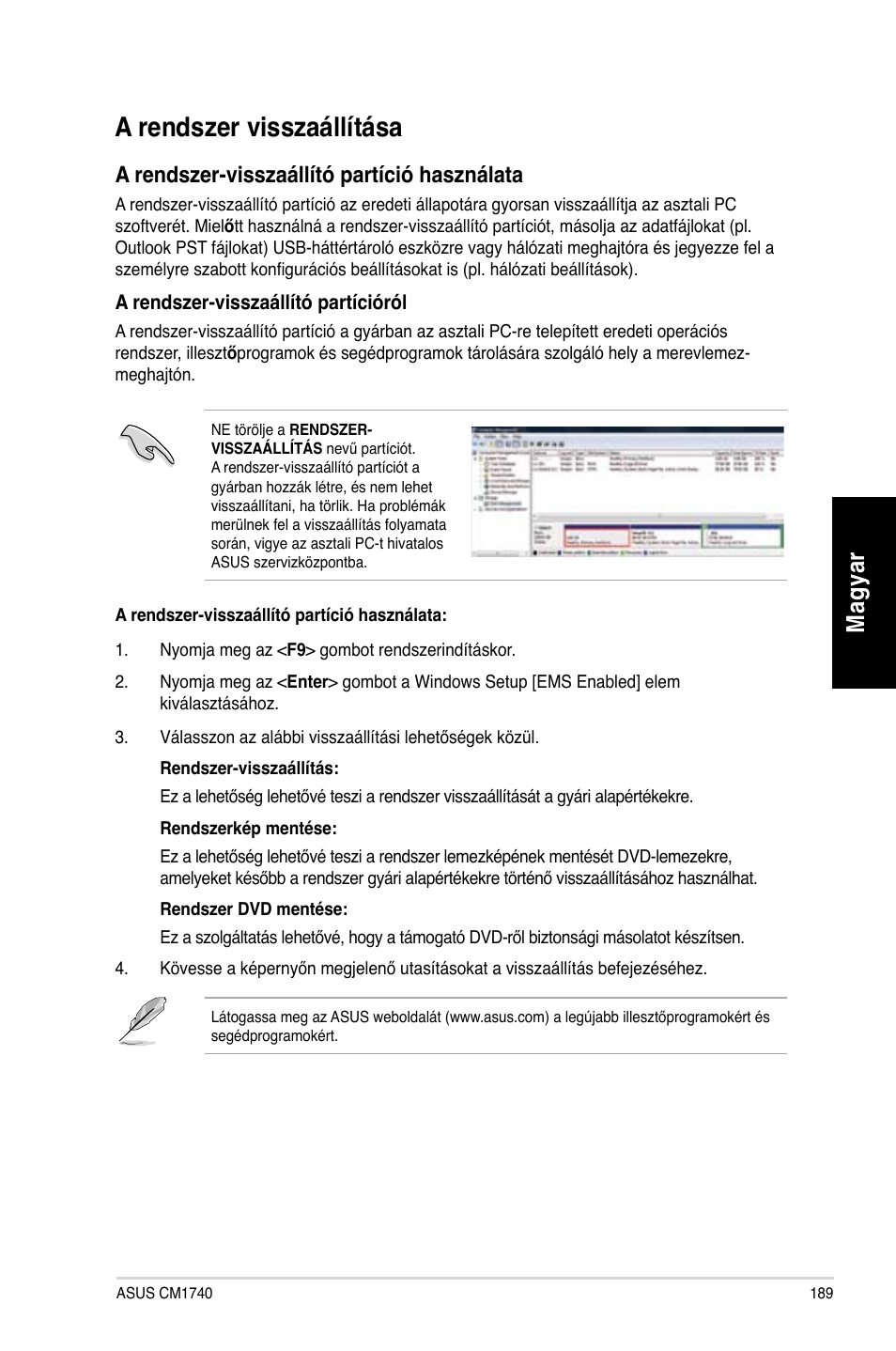 A rendszer visszaállítása, Mag ya r m ag ya r, A rendszer-visszaállító partíció használata | Asus CM1740 User Manual | Page 189 / 330