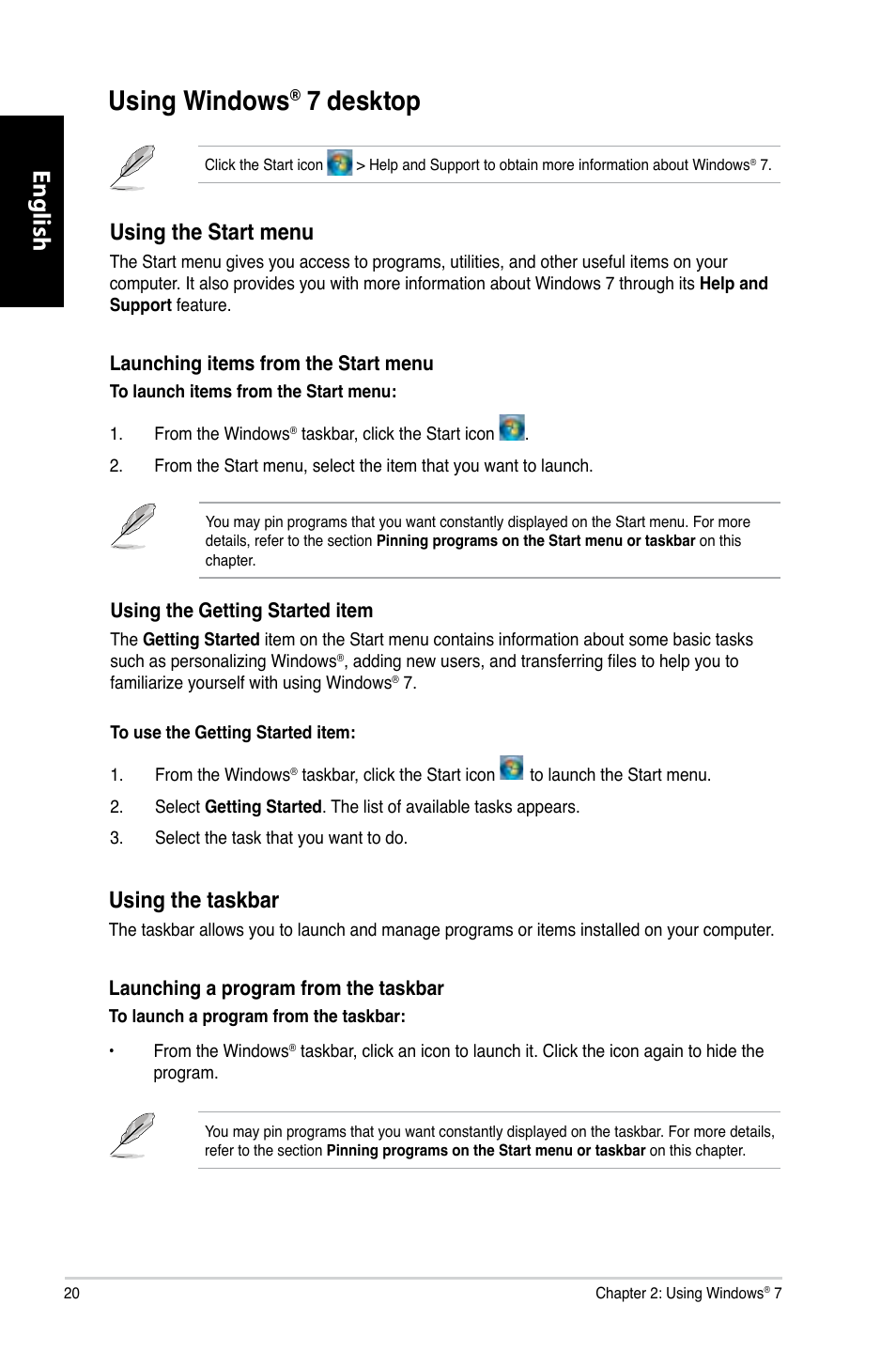 Using windows® 7 desktop, Using windows, 7 desktop | English, Using the start menu, Using the taskbar | Asus CM1740 User Manual | Page 20 / 330