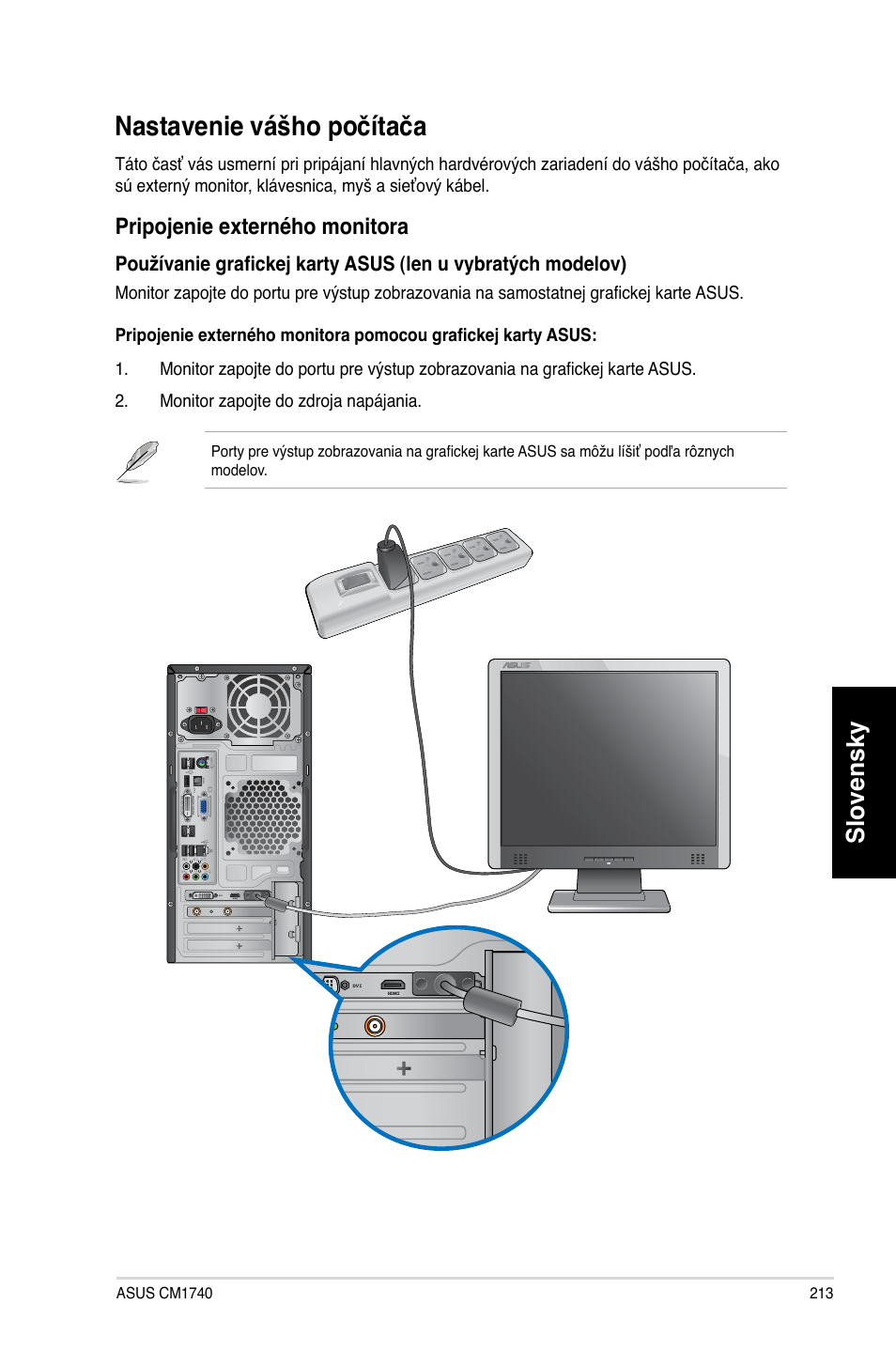 Nastavenie vášho počítača, Slovensky, Pripojenie externého monitora | Asus CM1740 User Manual | Page 213 / 330