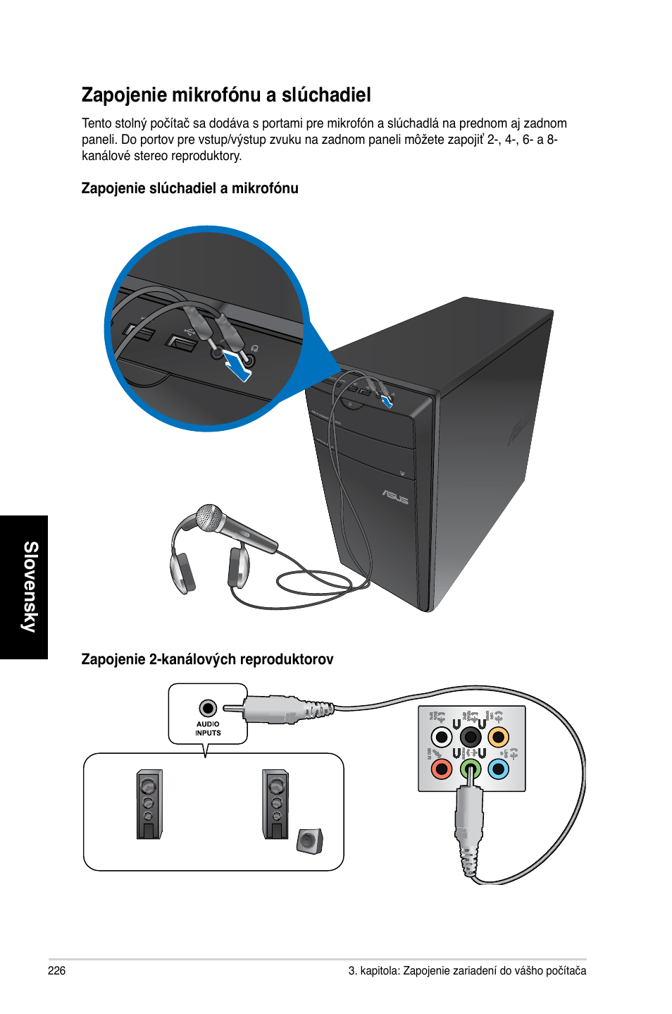 Zapojenie mikrofónu a slúchadiel, Slovensky | Asus CM1740 User Manual | Page 226 / 330