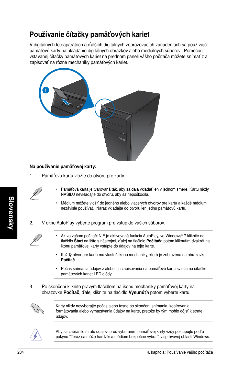 Používanie čítačky pamäťových kariet, Slovensky | Asus CM1740 User Manual | Page 234 / 330