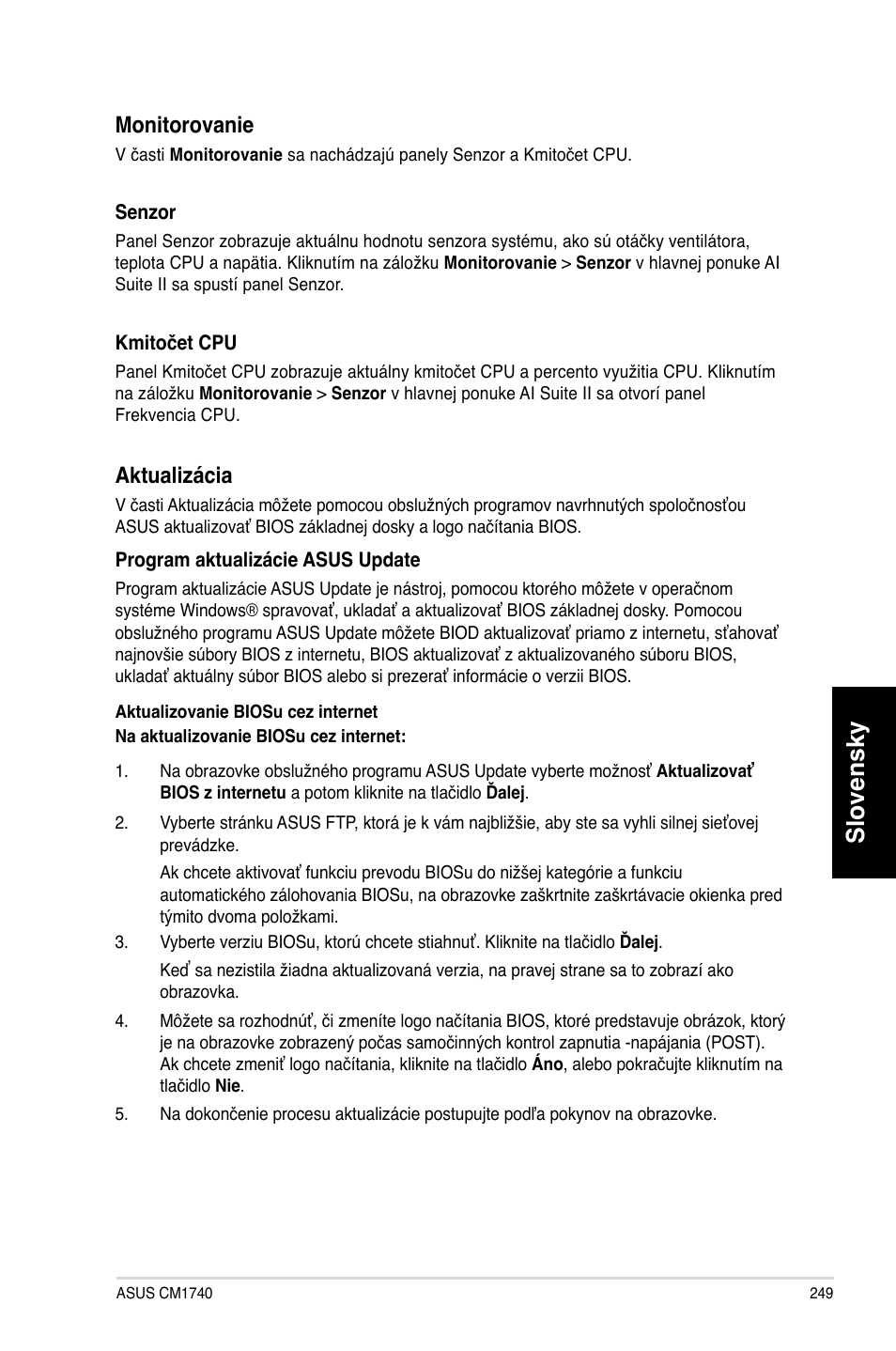 Slovensky, Monitorovanie, Aktualizácia | Asus CM1740 User Manual | Page 249 / 330