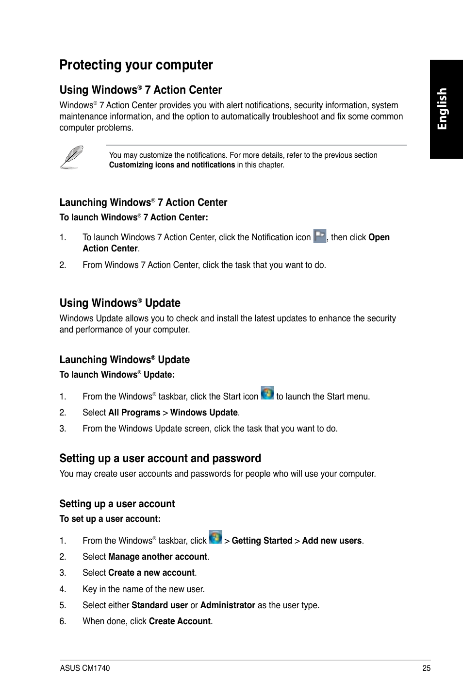 Protecting your computer, English, Using windows | 7 action center, Update, Setting up a user account and password | Asus CM1740 User Manual | Page 25 / 330