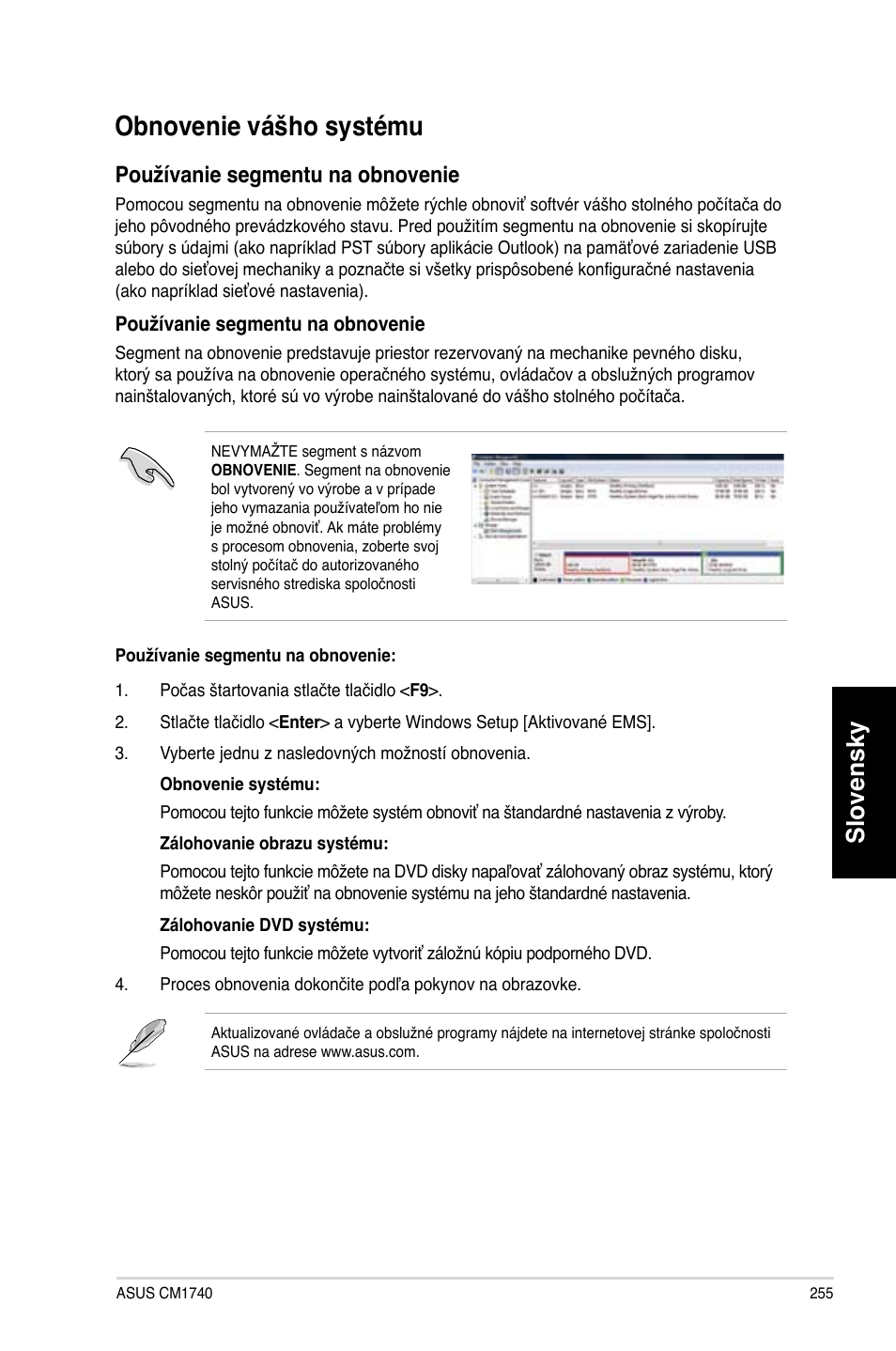 Obnovenie vášho systému, Slovensky, Používanie segmentu na obnovenie | Asus CM1740 User Manual | Page 255 / 330