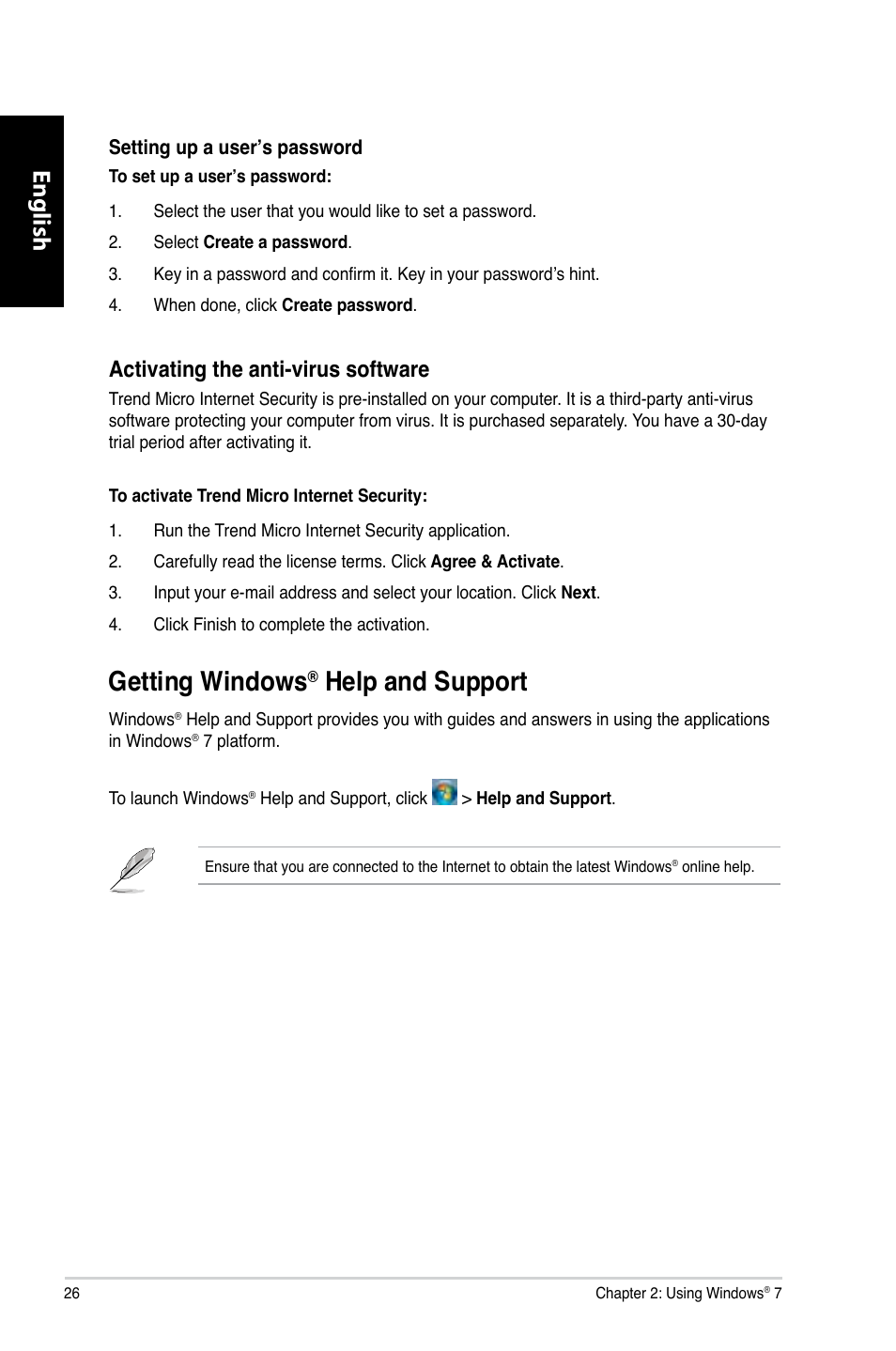 Getting windows® help and support, Getting windows, Help and support | English, Activating the anti-virus software | Asus CM1740 User Manual | Page 26 / 330