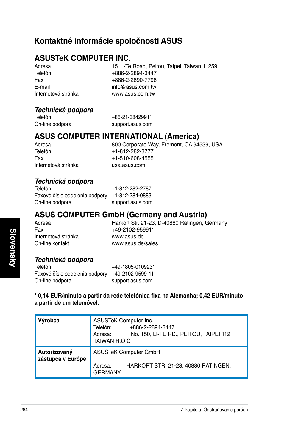 Kontaktné informácie spoločnosti asus, Slovensky, Asustek computer inc | Asus computer international �america, Asus computer gmbh �germany and austria, Technická podpora | Asus CM1740 User Manual | Page 264 / 330