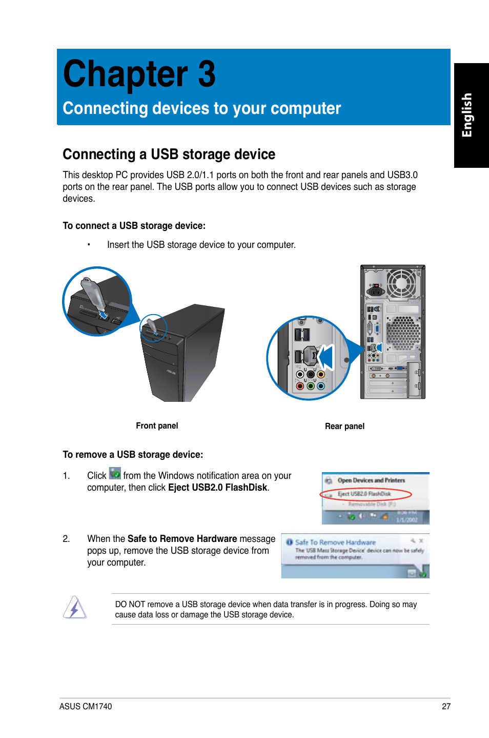 Chapter 3, Connecting devices to your computer, Connecting a usb storage device | English | Asus CM1740 User Manual | Page 27 / 330