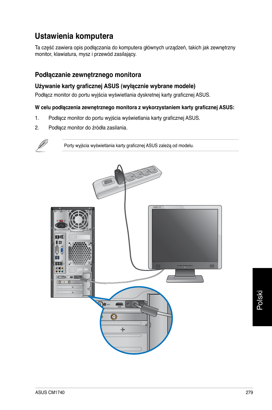 Ustawienia komputera, Polski, Podłączanie zewnętrznego monitora | Asus CM1740 User Manual | Page 279 / 330