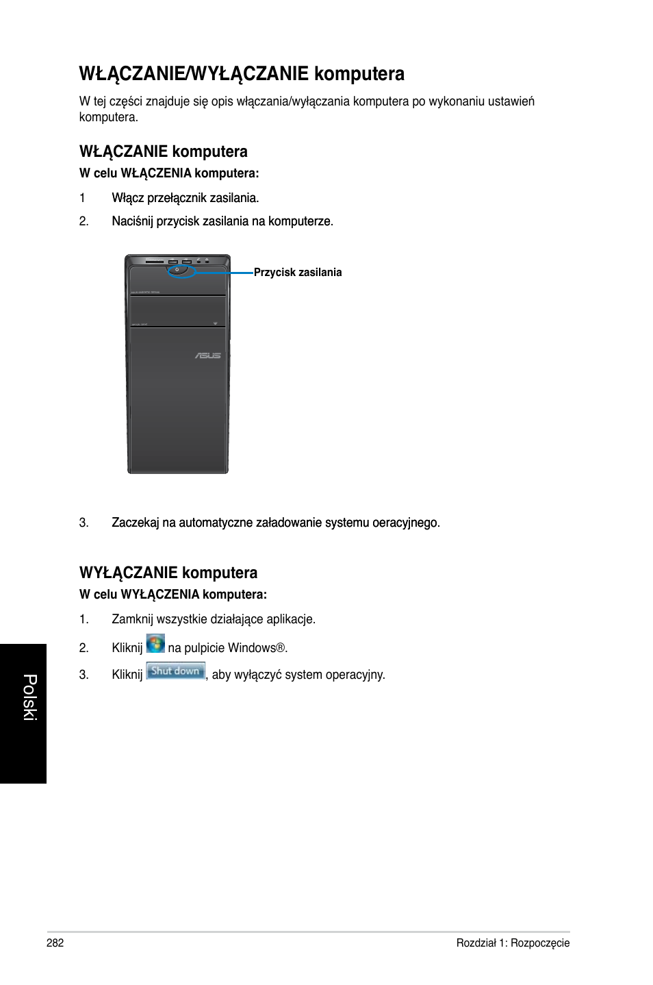 Włączanie/wyłączanie komputera, Polski, Włączanie komputera | Wyłączanie komputera | Asus CM1740 User Manual | Page 282 / 330