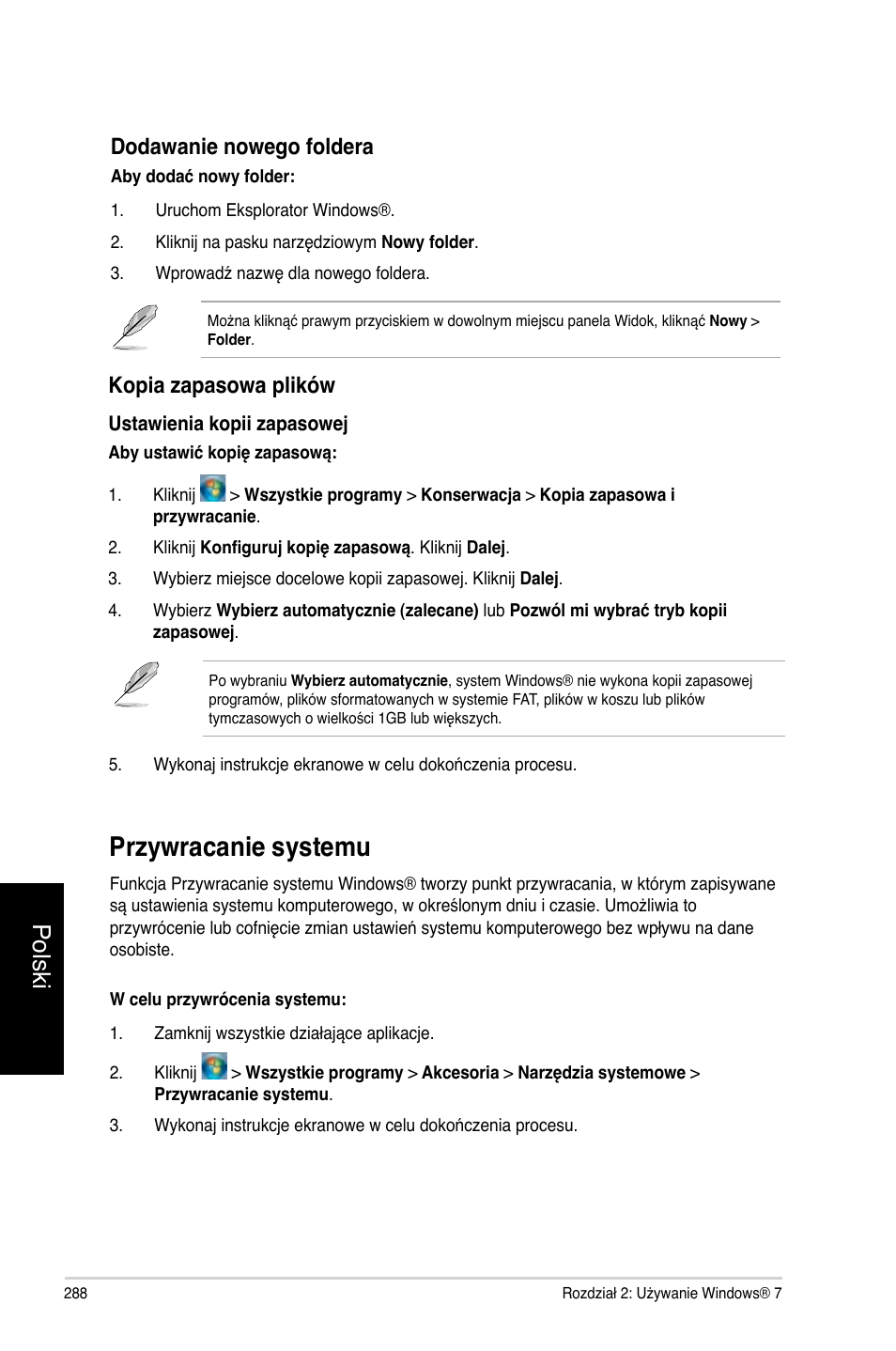 Przywracanie systemu, Polski, Dodawanie nowego foldera | Kopia zapasowa plików | Asus CM1740 User Manual | Page 288 / 330