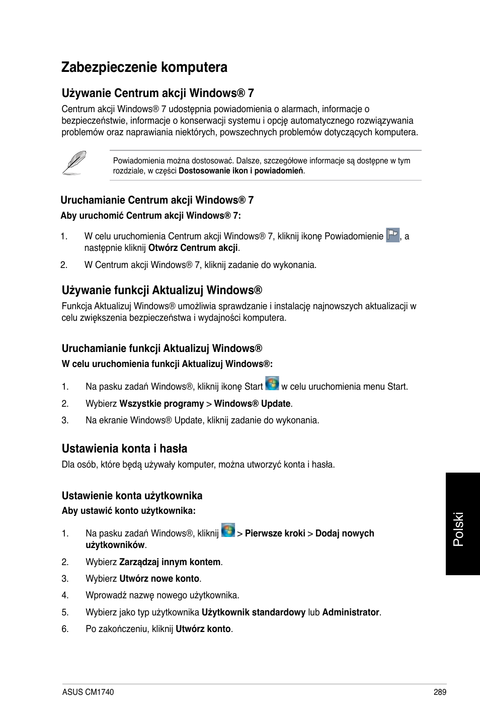 Zabezpieczenie komputera, Polski, Używanie centrum akcji windows® 7 | Używanie funkcji aktualizuj windows, Ustawienia konta i hasła | Asus CM1740 User Manual | Page 289 / 330