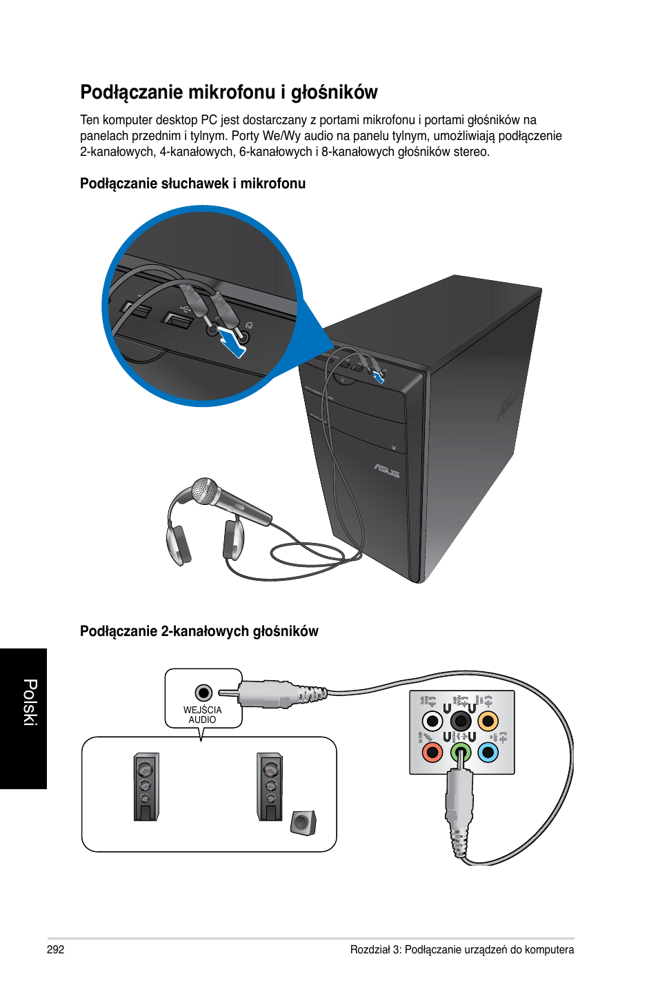 Podłączanie mikrofonu i głośników, Polski | Asus CM1740 User Manual | Page 292 / 330