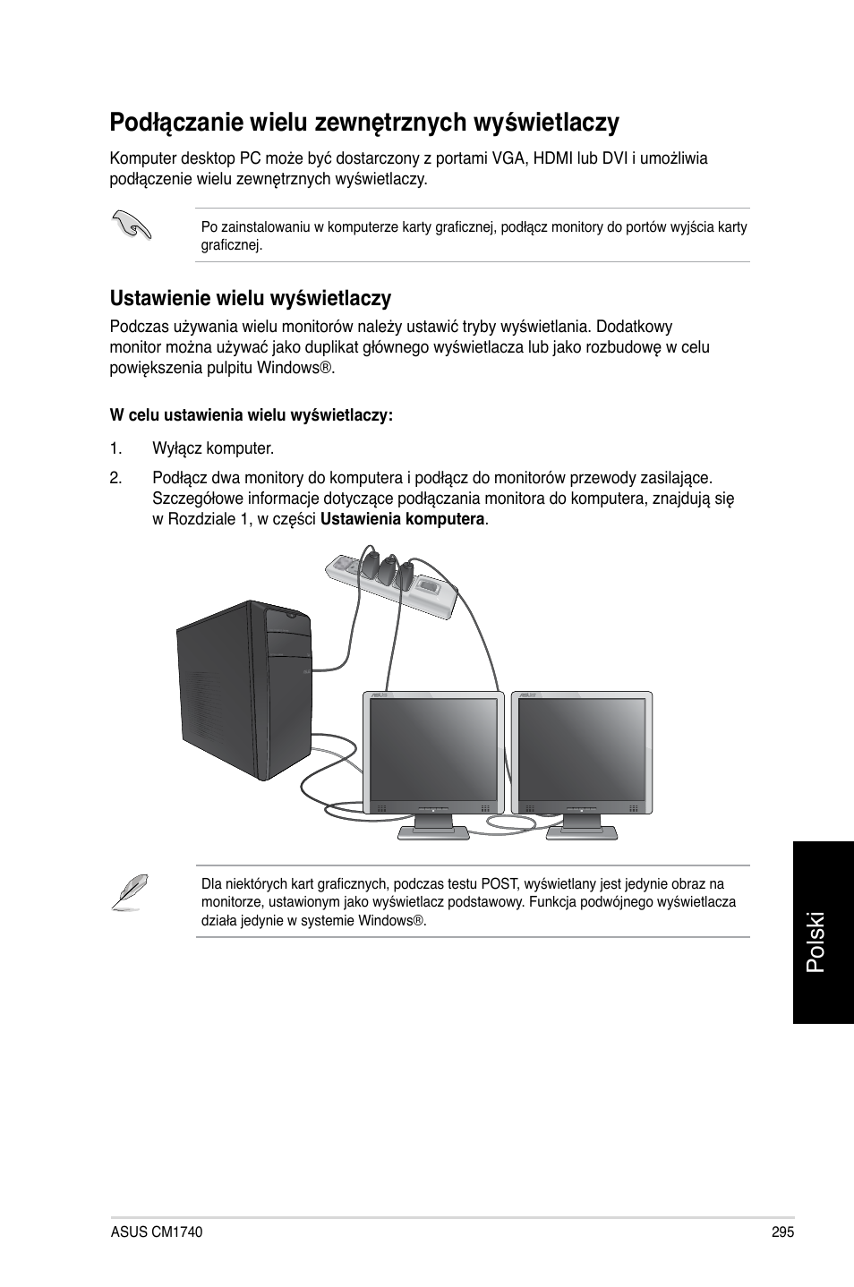 Podłączanie wielu zewnętrznych wyświetlaczy, Polski, Ustawienie wielu wyświetlaczy | Asus CM1740 User Manual | Page 295 / 330