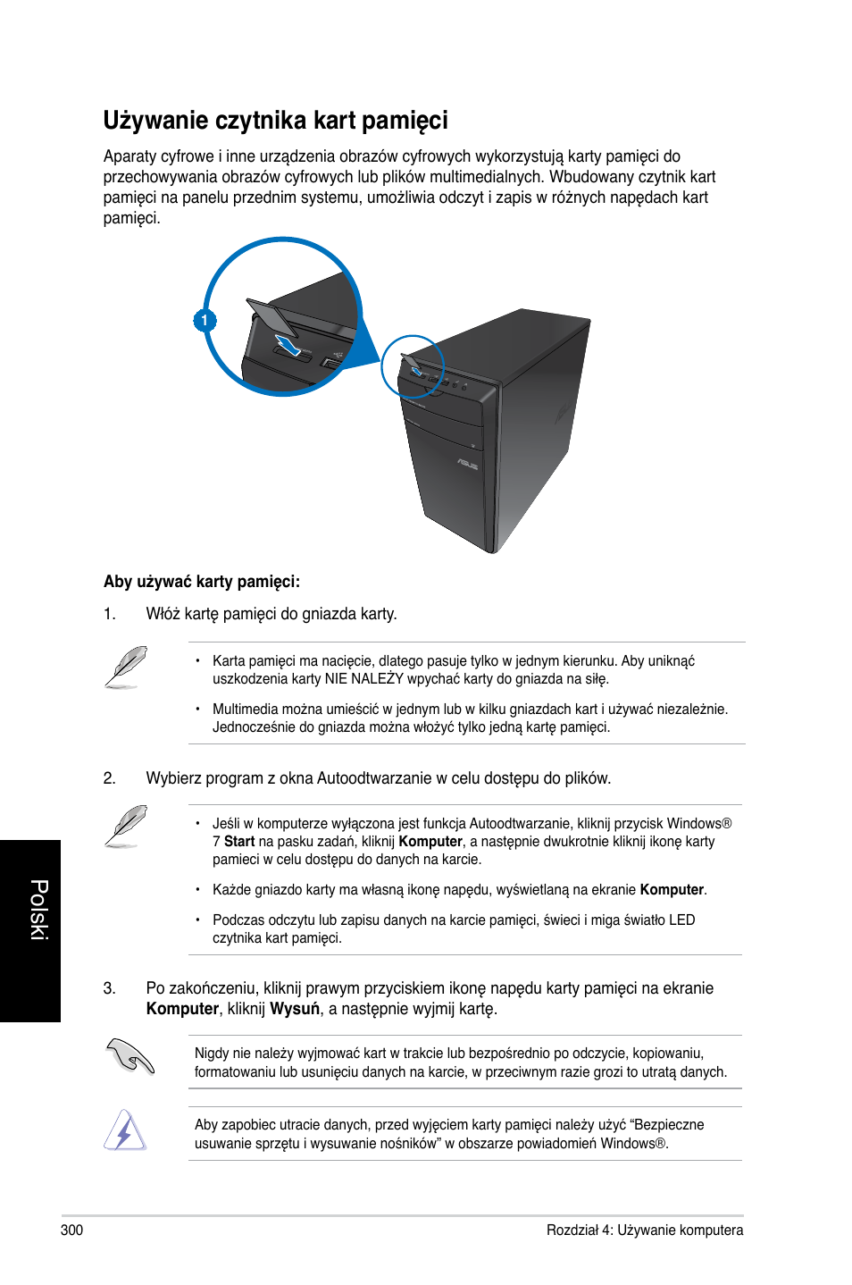 Używanie czytnika kart pamięci, Polski | Asus CM1740 User Manual | Page 300 / 330