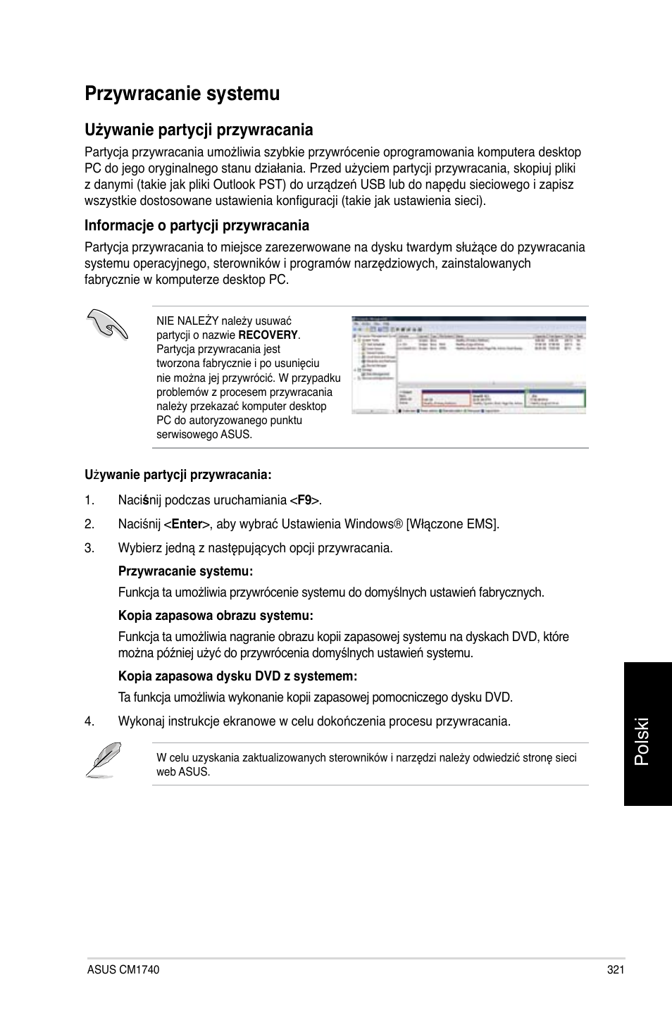 Przywracanie systemu, Polski, Używanie partycji przywracania | Asus CM1740 User Manual | Page 321 / 330