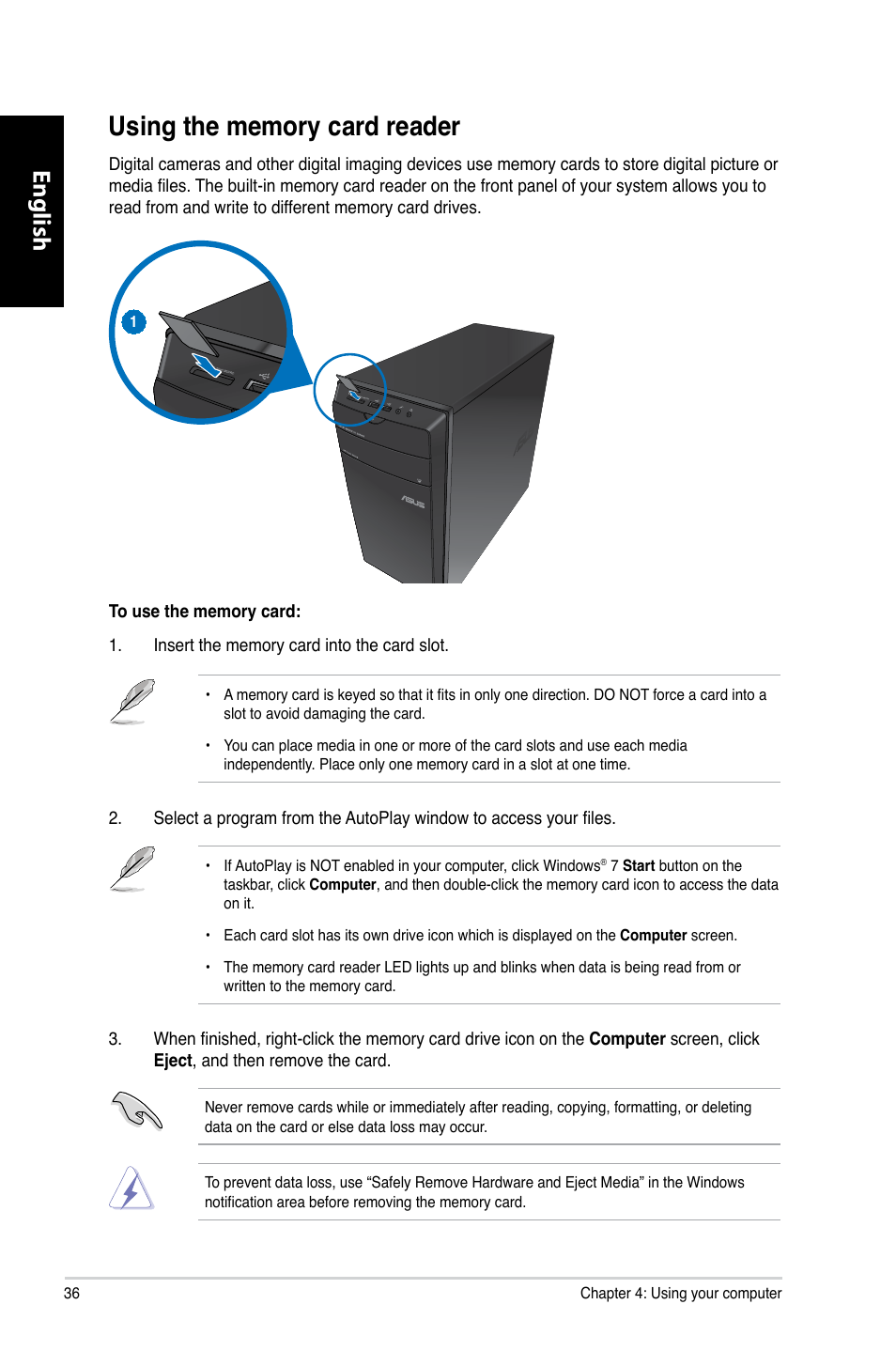 Using the memory card reader, English | Asus CM1740 User Manual | Page 36 / 330