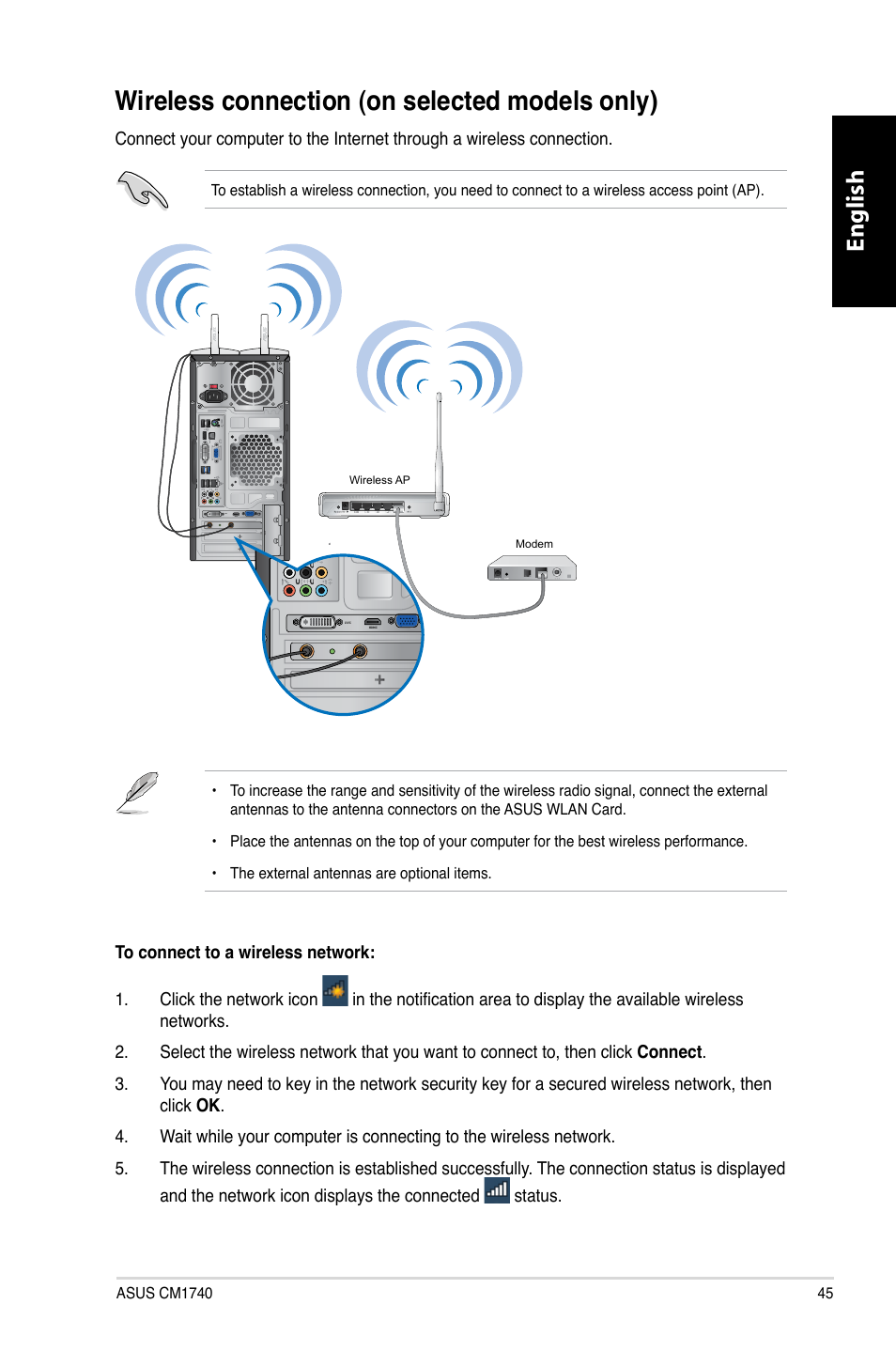 Wireless connection (on selected models only), Wireless connection �on selected models only, English | Asus CM1740 User Manual | Page 45 / 330