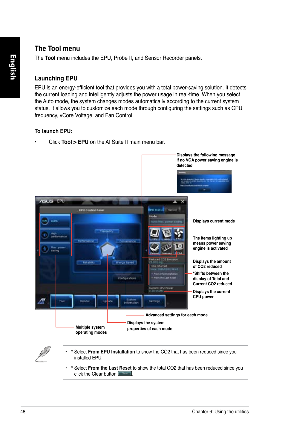 English, The tool menu, Launching epu | Asus CM1740 User Manual | Page 48 / 330