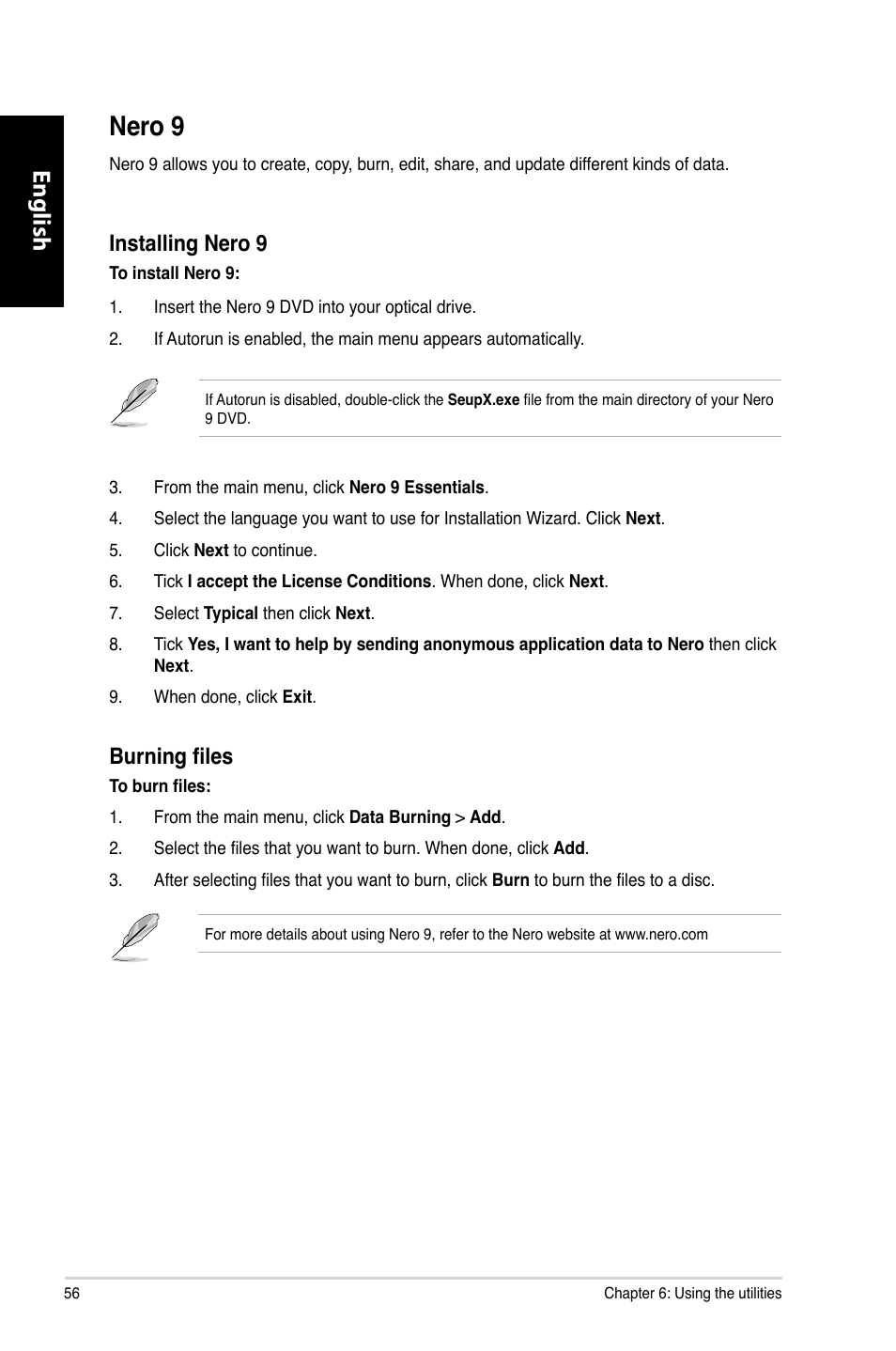 Nero 9, English, Installing nero 9 | Burning files | Asus CM1740 User Manual | Page 56 / 330