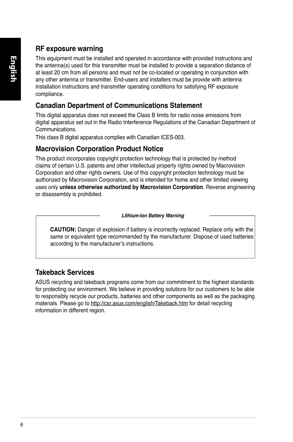 English, Rf exposure warning, Canadian department of communications statement | Macrovision corporation product notice, Takeback services | Asus CM1740 User Manual | Page 6 / 330