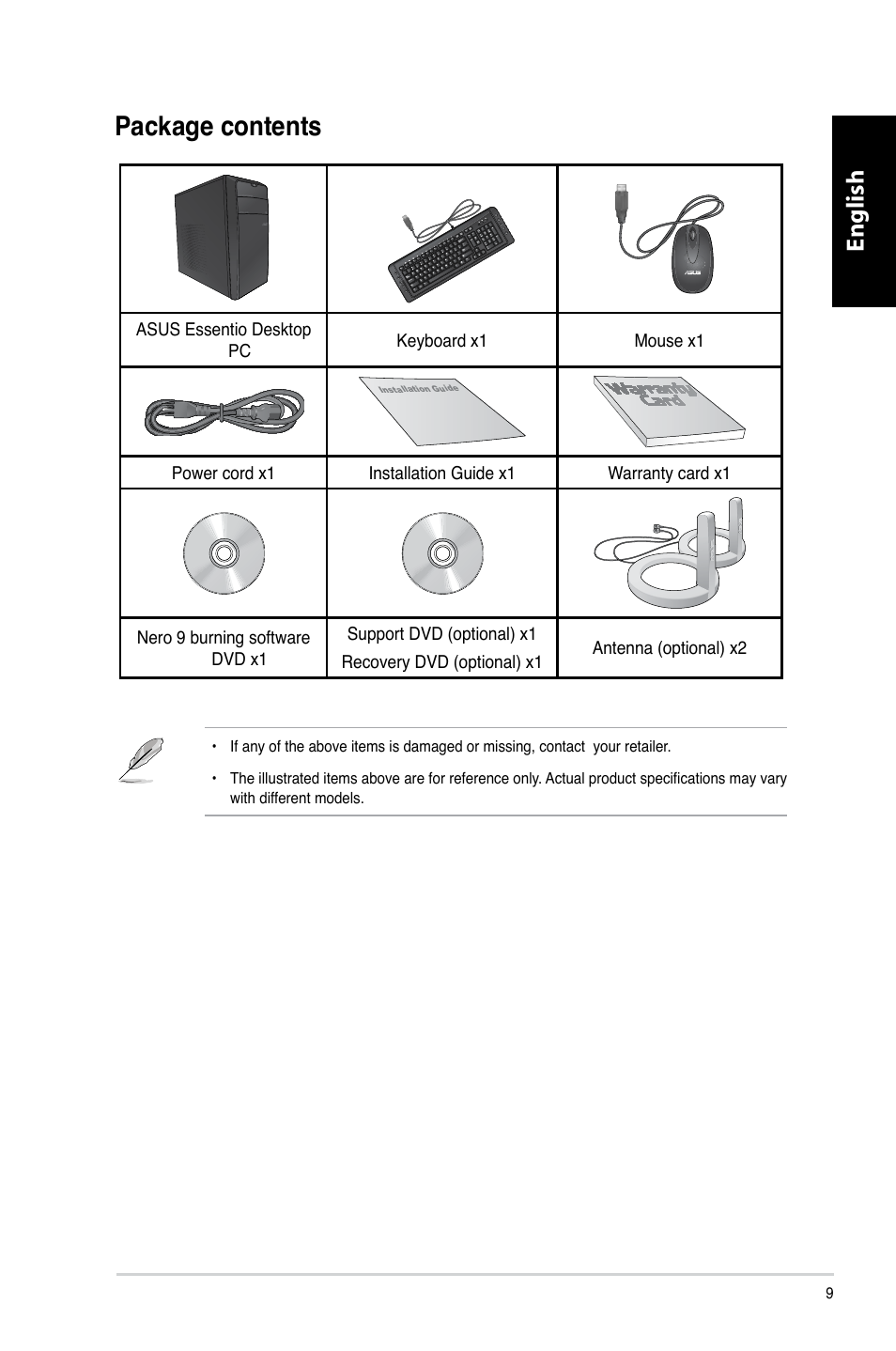 Package contents, English | Asus CM1740 User Manual | Page 9 / 330