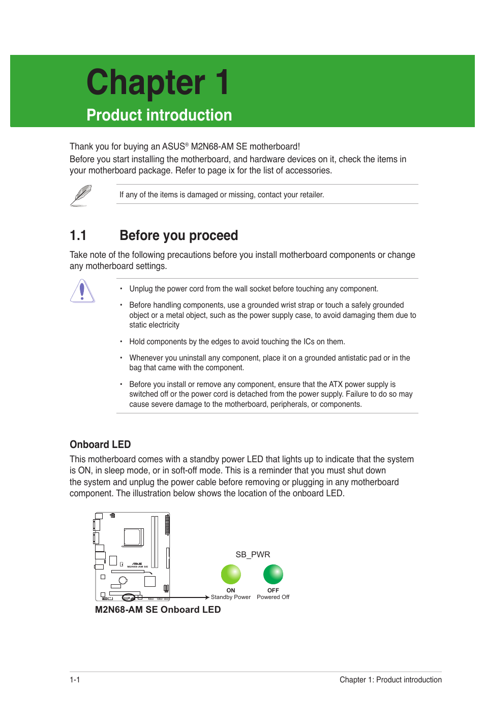 Chapter 1: product introduction, 1 before you proceed, Chapter 1 | Before you proceed -1, Product introduction | Asus M2N68-AM SE User Manual | Page 10 / 48