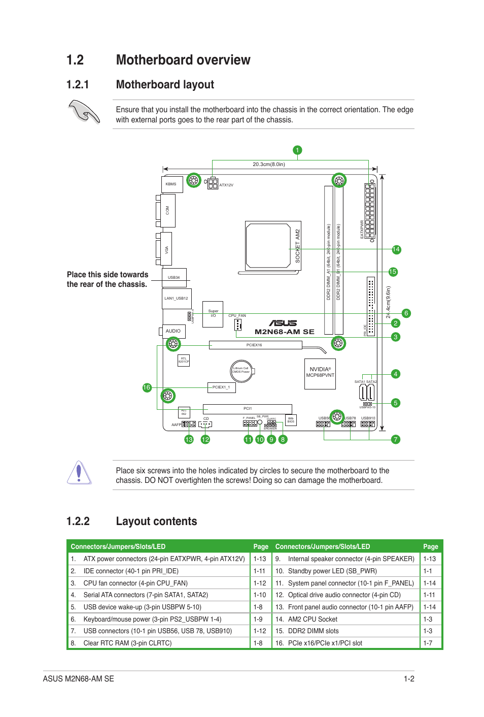 2 motherboard overview, 1 motherboard layout, 2 layout contents | Motherboard overview -2 1.2.1, Motherboard layout -2, Layout contents -2, Place this side towards the rear of the chassis, 2 asus m2n68-am se | Asus M2N68-AM SE User Manual | Page 11 / 48