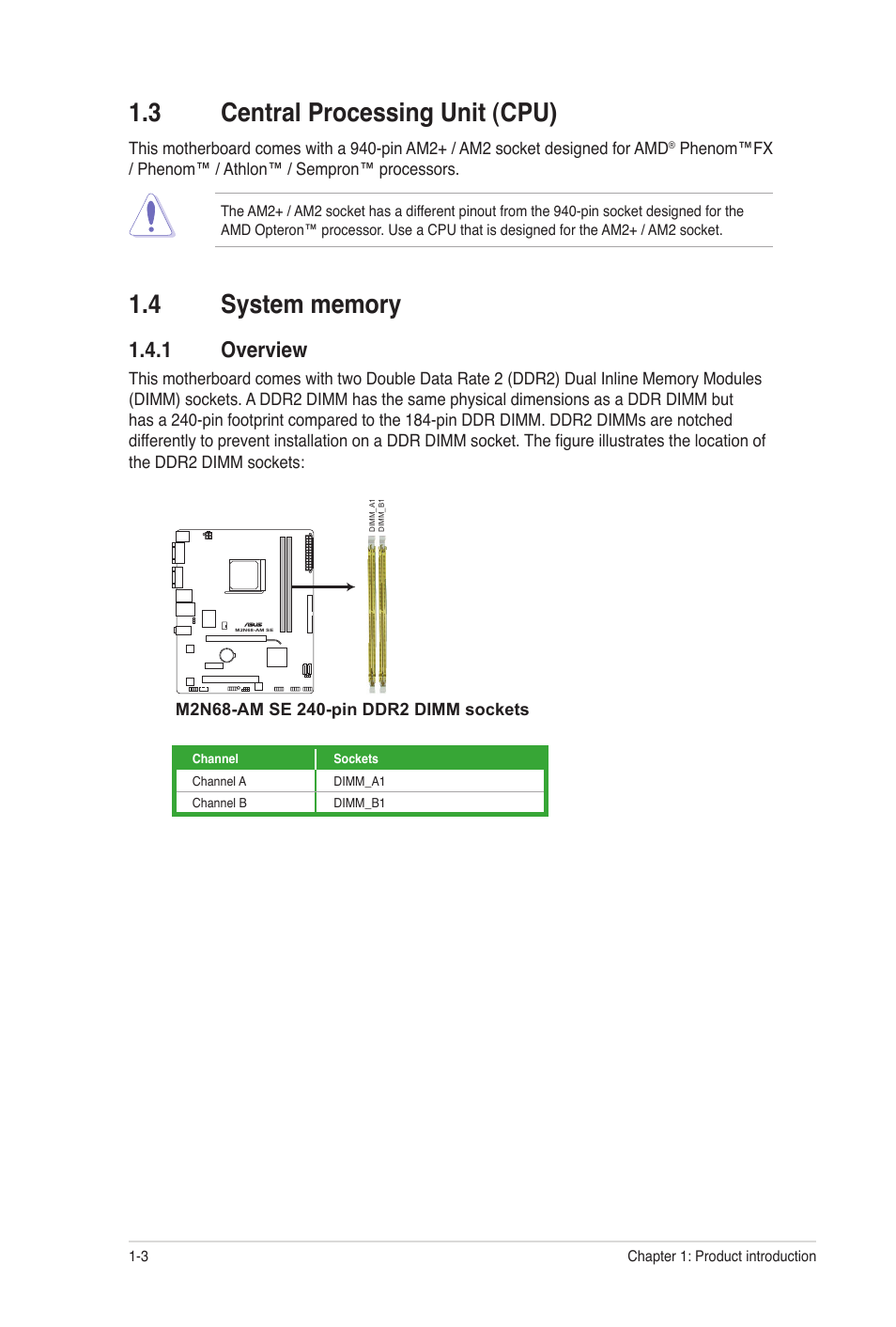 3 central processing unit (cpu), 4 system memory, 1 overview | Central processing unit (cpu) -3, System memory -3 1.4.1, Overview -3 | Asus M2N68-AM SE User Manual | Page 12 / 48