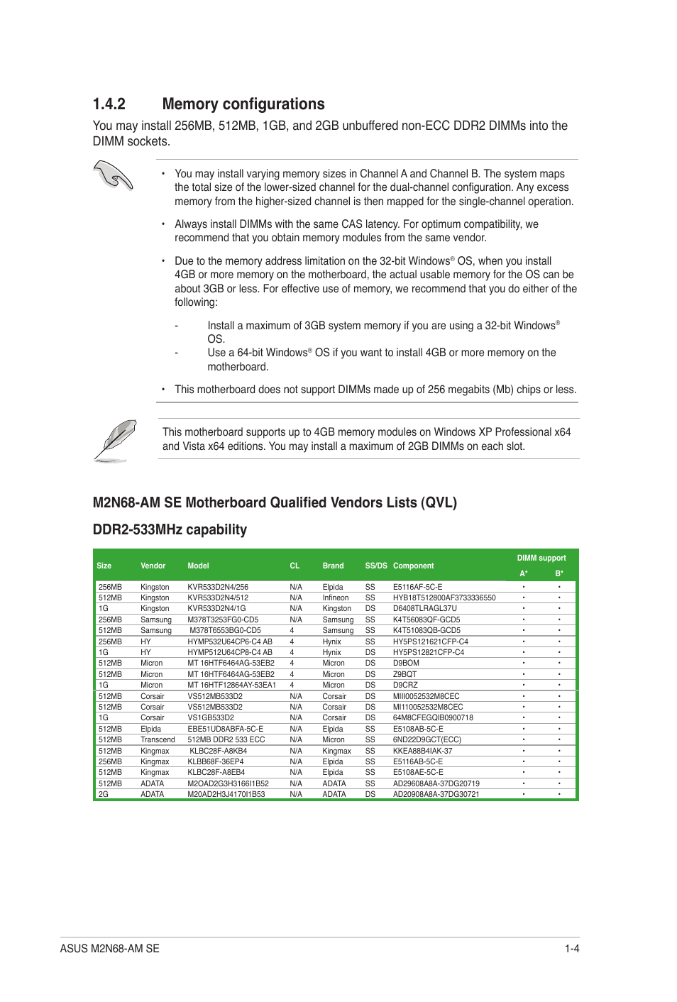 2 memory configurations, Memory configurations -4, Os. - use a 64-bit windows | 4 asus m2n68-am se | Asus M2N68-AM SE User Manual | Page 13 / 48