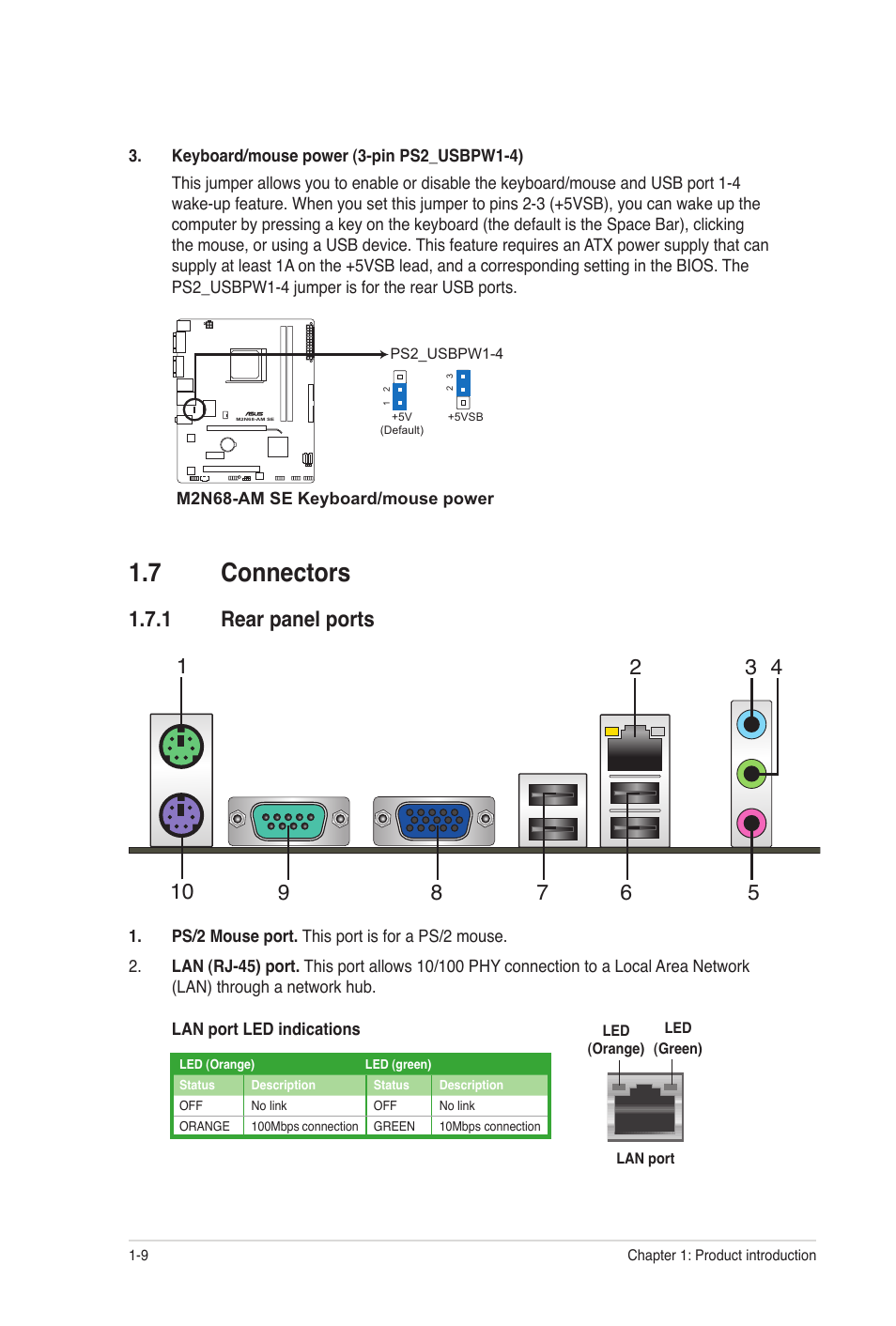 7 connectors, 1 rear panel ports, Connectors -9 1.7.1 | Rear panel ports -9 | Asus M2N68-AM SE User Manual | Page 18 / 48