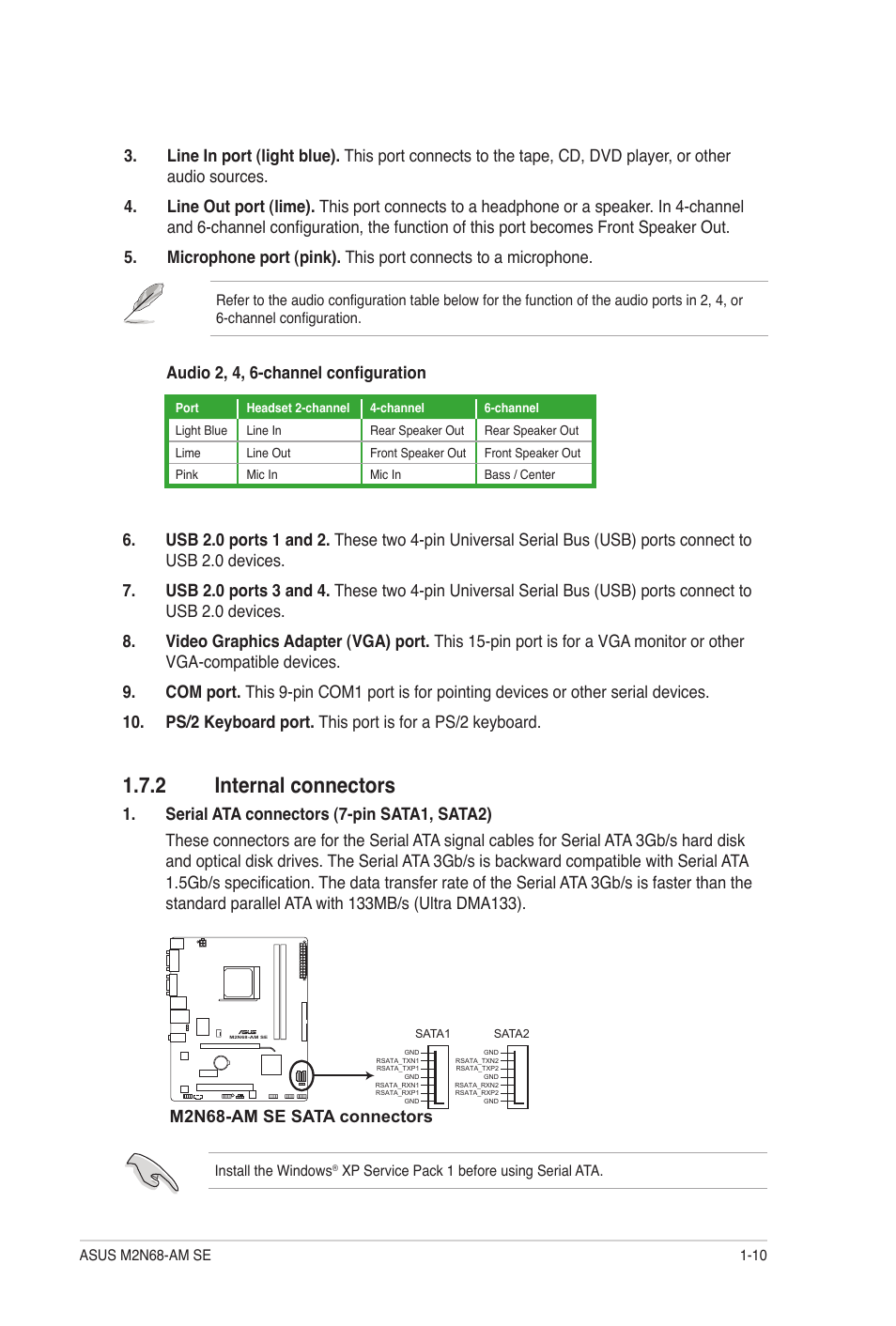 2 internal connectors, Internal connectors -10, Audio 2, 4, 6-channel configuration | M2n68-am se sata connectors | Asus M2N68-AM SE User Manual | Page 19 / 48