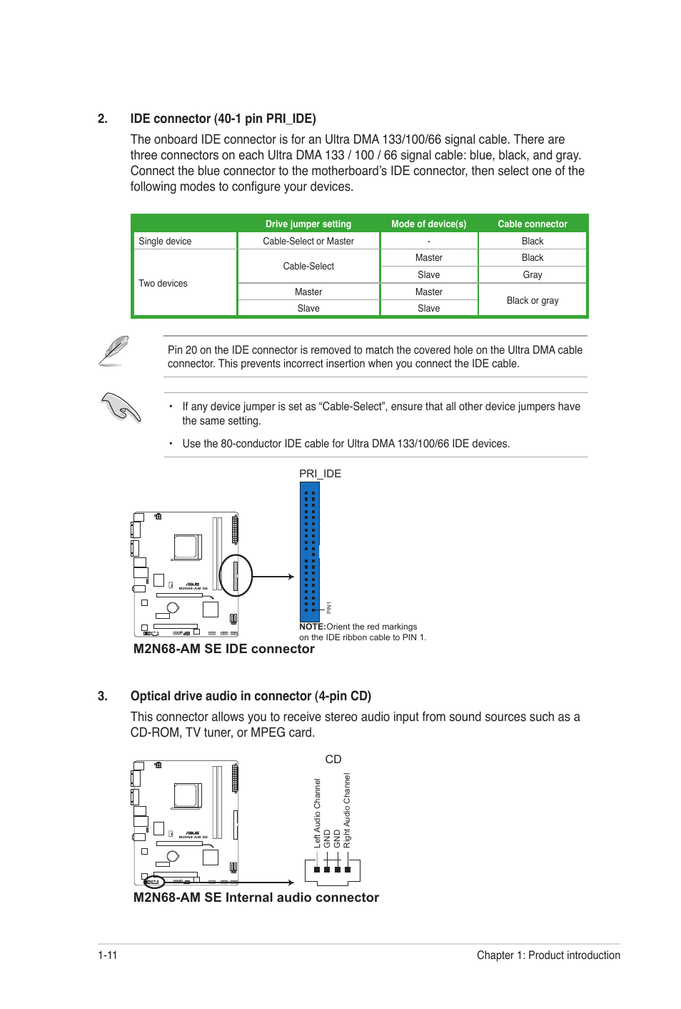 M2n68-am se ide connector, M2n68-am se internal audio connector | Asus M2N68-AM SE User Manual | Page 20 / 48