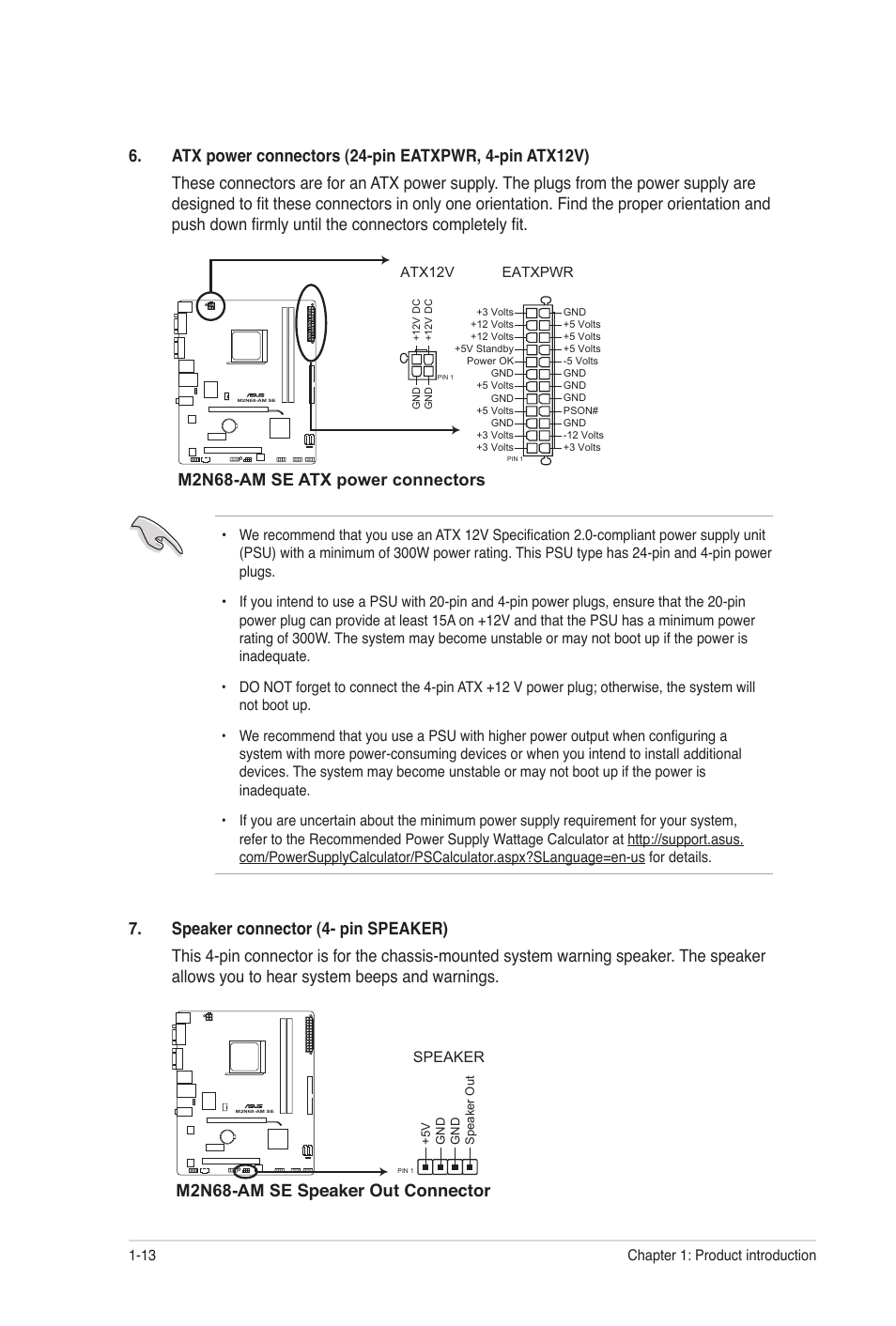 M2n68-am se atx power connectors, M2n68-am se speaker out connector | Asus M2N68-AM SE User Manual | Page 22 / 48