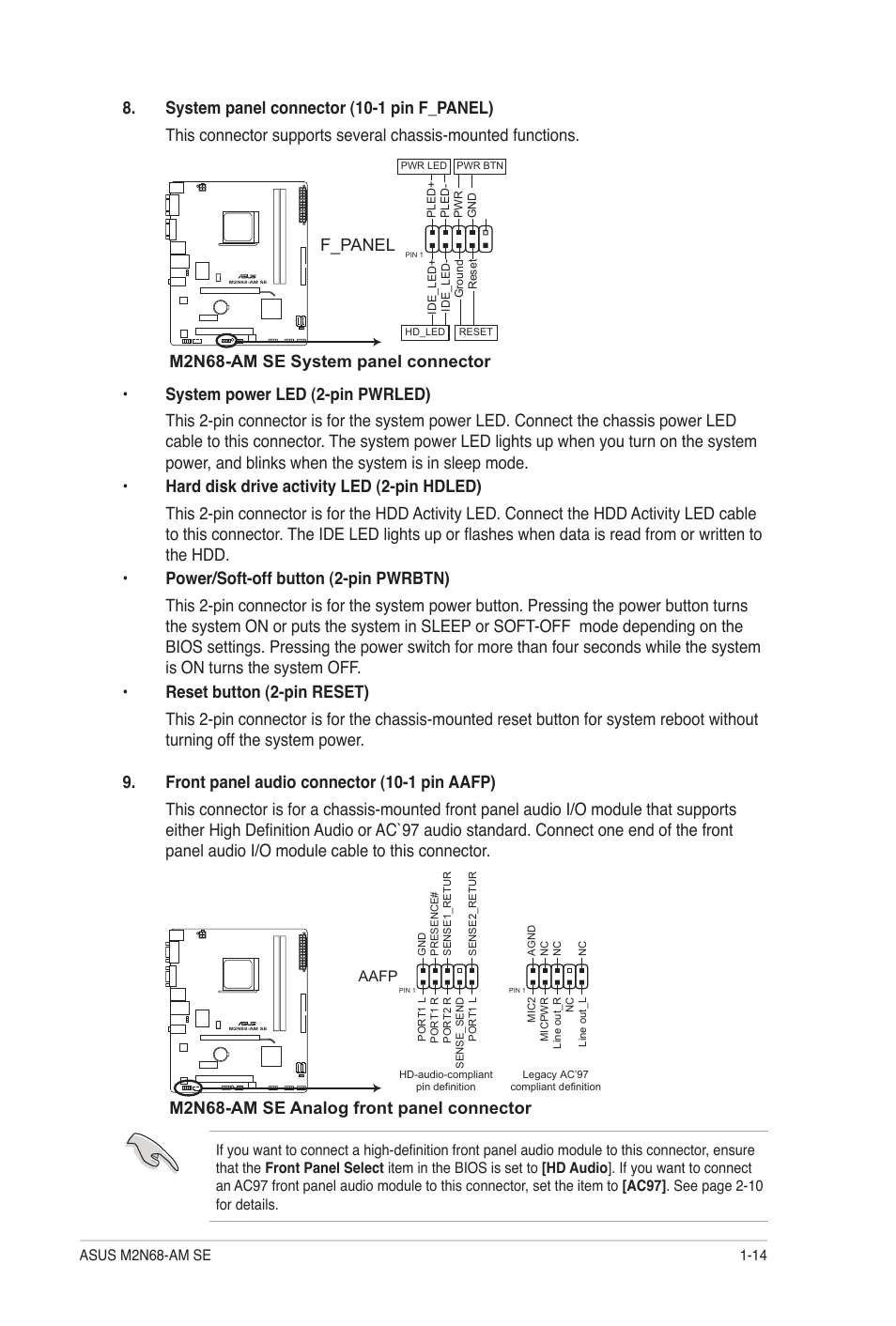 M2n68-am se system panel connector, F_panel, M2n68-am se analog front panel connector | Asus M2N68-AM SE User Manual | Page 23 / 48