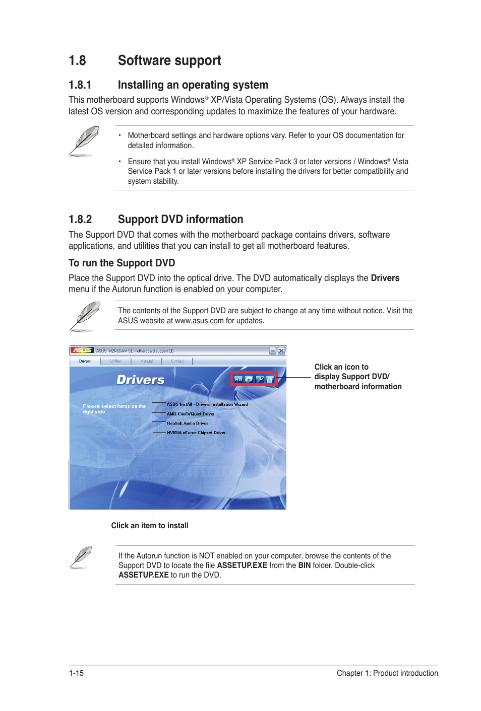 8 software support, 1 installing an operating system, 2 support dvd information | Software support -15 1.8.1, Installing an operating system -15, Support dvd information -15 | Asus M2N68-AM SE User Manual | Page 24 / 48