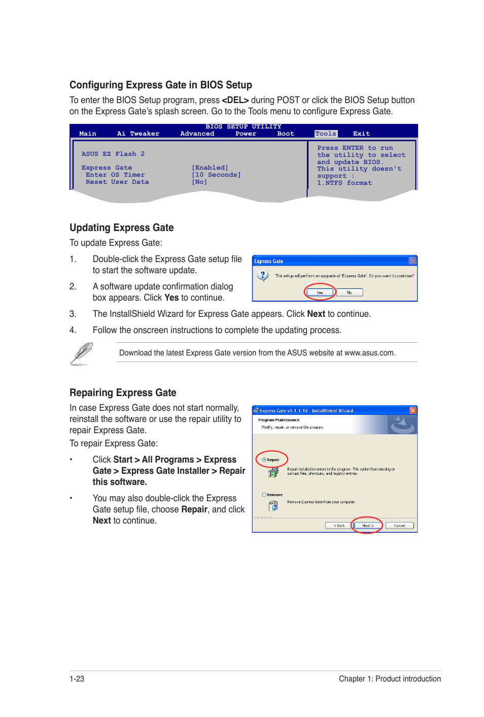 Configuring express gate in bios setup, Updating express gate, Repairing express gate | Asus M2N68-AM SE User Manual | Page 32 / 48