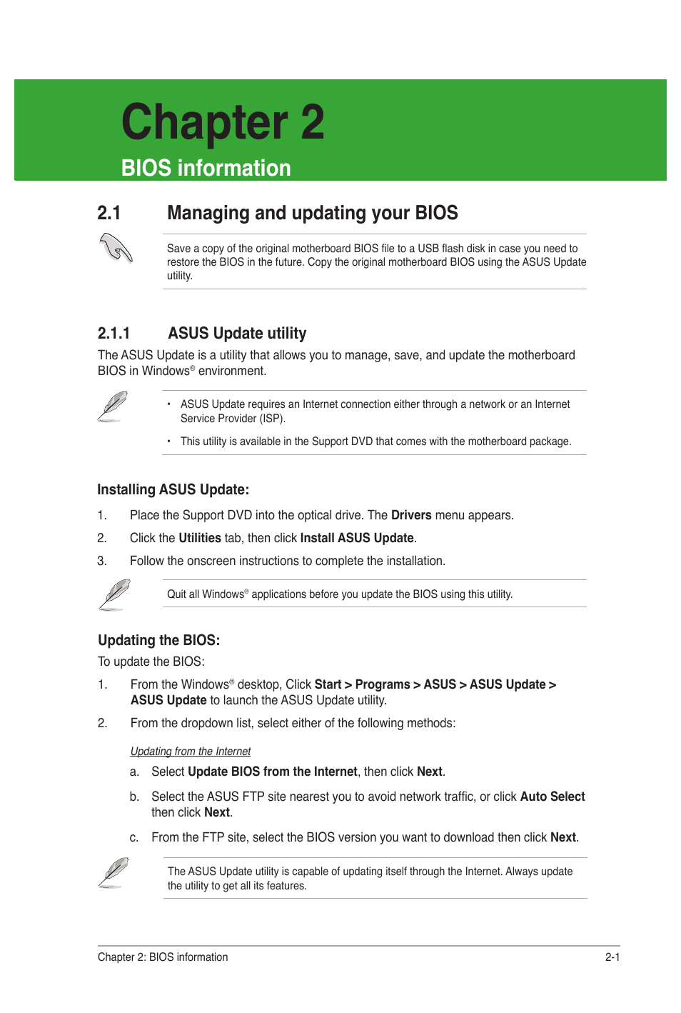 Chapter 2: bios information, 1 managing and updating your bios, 1 asus update utility | Chapter 2, Managing and updating your bios -1 2.1.1, Asus update utility -1, Bios information | Asus M2N68-AM SE User Manual | Page 33 / 48