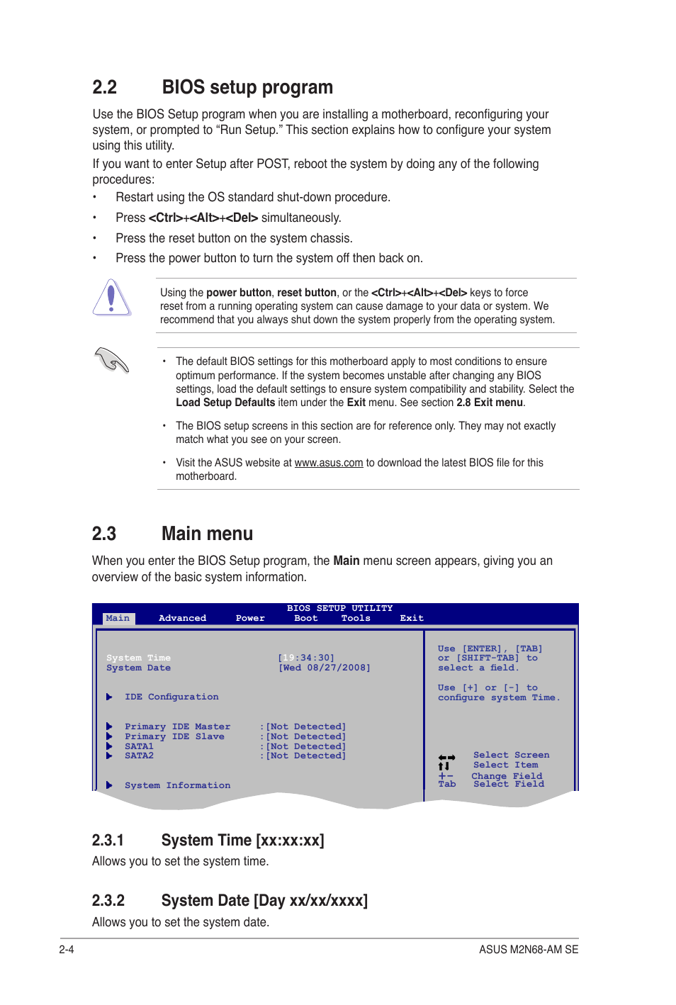 2 bios setup program, 3 main menu, 1 system time | 2 system date, Bios setup program -4, Main menu -4 2.3.1, System time -4, System date -4, 1 system time [xx:xx:xx | Asus M2N68-AM SE User Manual | Page 36 / 48