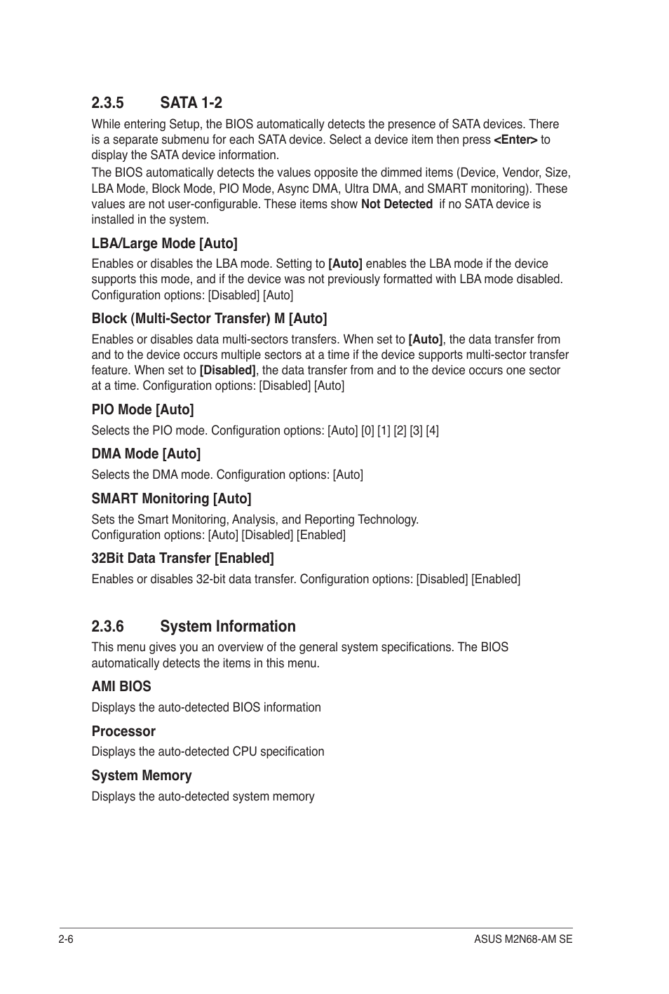 5 sata 1-2, 6 system information, Sata 1-2 -6 | System information -6 | Asus M2N68-AM SE User Manual | Page 38 / 48