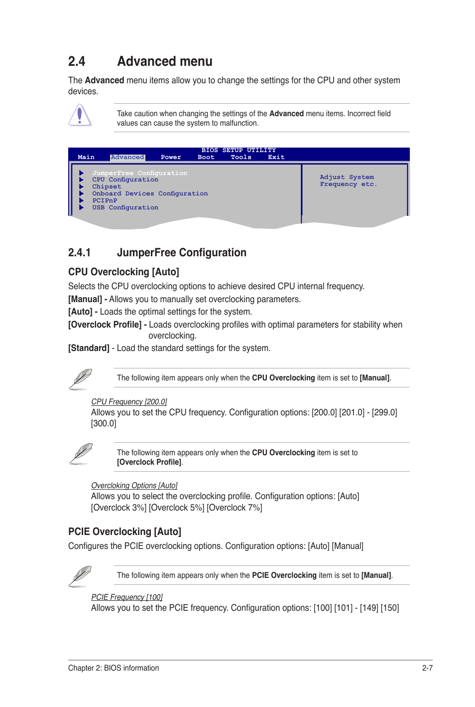 4 advanced menu, 1 jumperfree configuration, Advanced menu -7 2.4.1 | Jumperfree configuration -7 | Asus M2N68-AM SE User Manual | Page 39 / 48