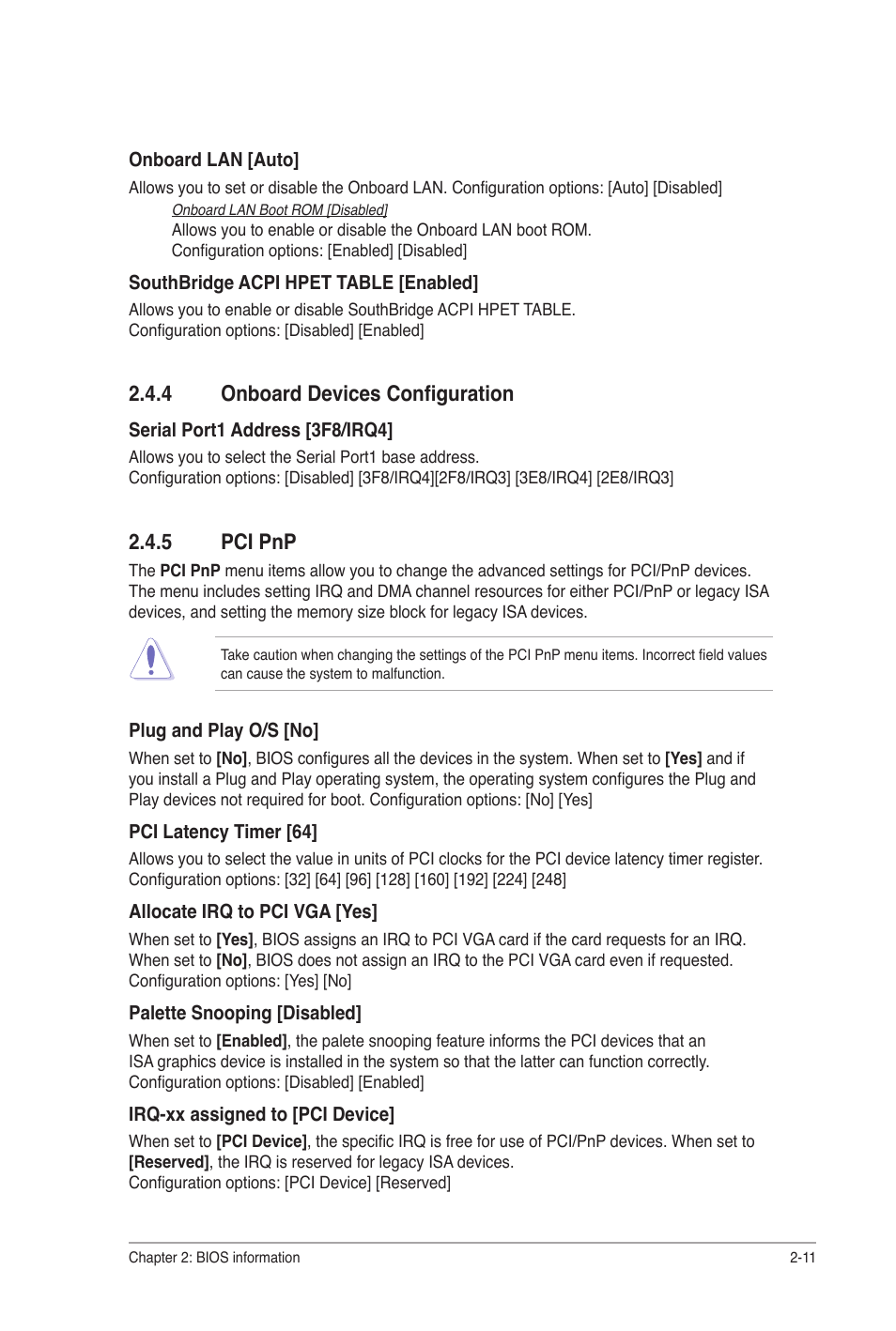 4 onboard devices configuration, 5 pci pnp, Onboard devices configuration -11 | Pci pnp -11 | Asus M2N68-AM SE User Manual | Page 43 / 48