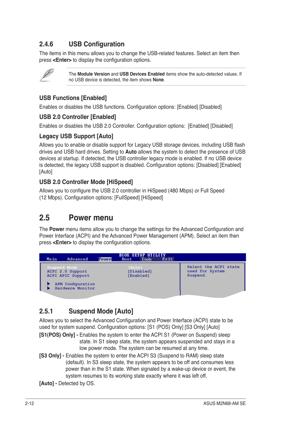 6 usb configuration, 5 power menu, 1 suspend mode | Usb configuration -12, Power menu -12 2.5.1, Suspend mode -12, 1 suspend mode [auto | Asus M2N68-AM SE User Manual | Page 44 / 48