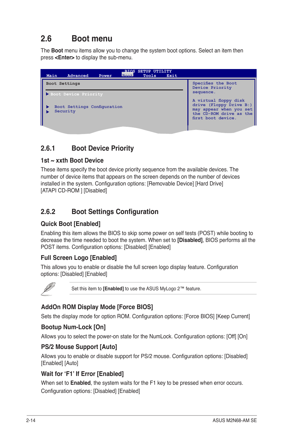 6 boot menu, 1 boot device priority, 2 boot settings configuration | Boot menu -14 2.6.1, Boot device priority -14, Boot settings configuration -14 | Asus M2N68-AM SE User Manual | Page 46 / 48