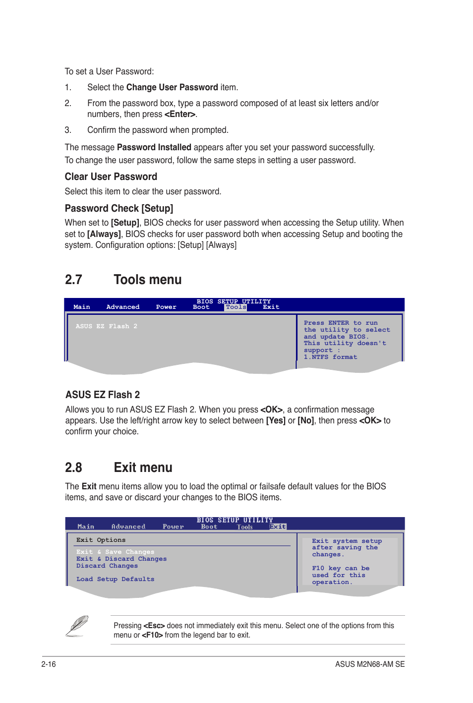 7 tools menu, 8 exit menu, Tools menu -16 | Exit menu -16, Asus ez flash 2, Clear user password, Password check [setup | Asus M2N68-AM SE User Manual | Page 48 / 48