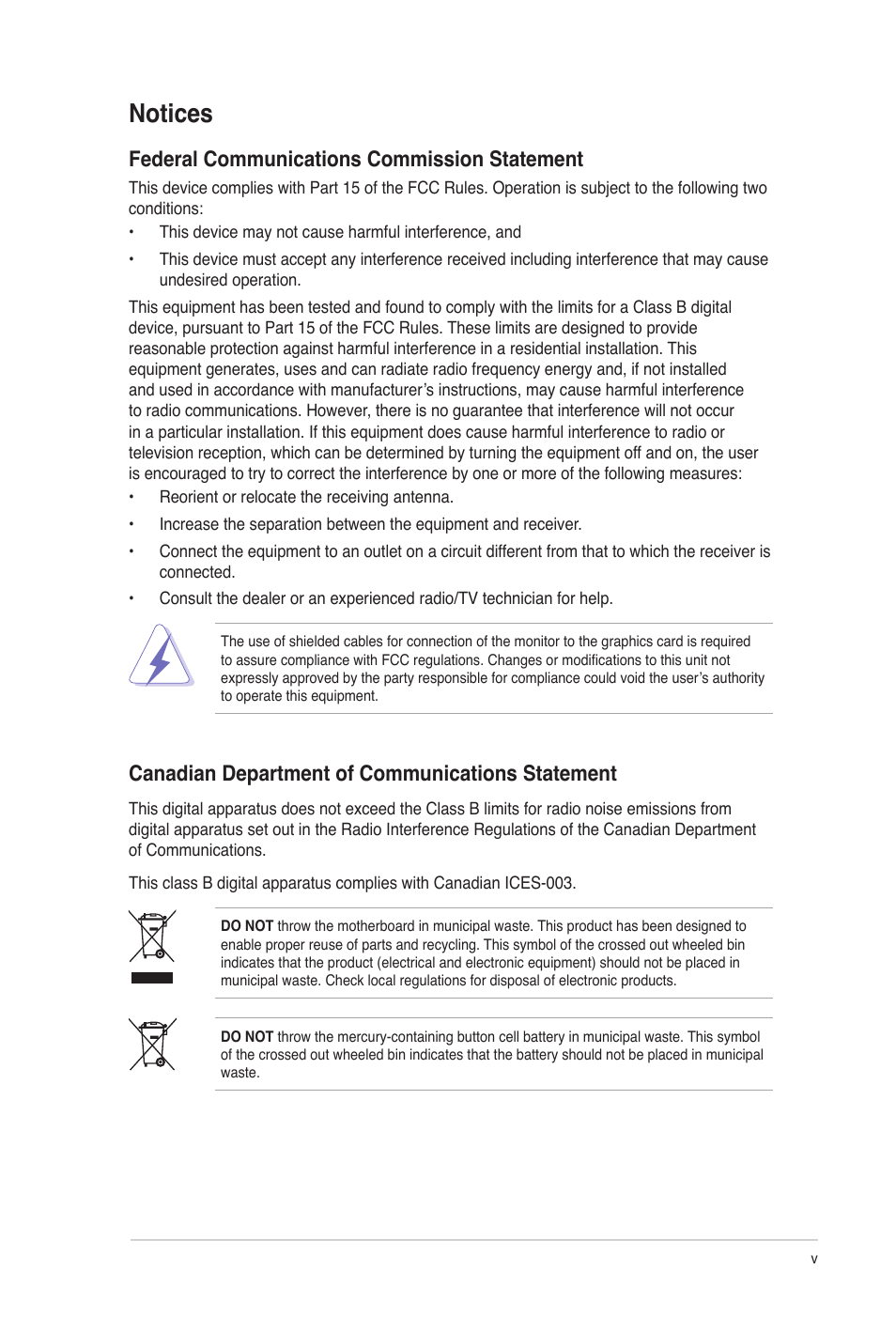 Notices, Federal communications commission statement, Canadian department of communications statement | Asus M2N68-AM SE User Manual | Page 5 / 48