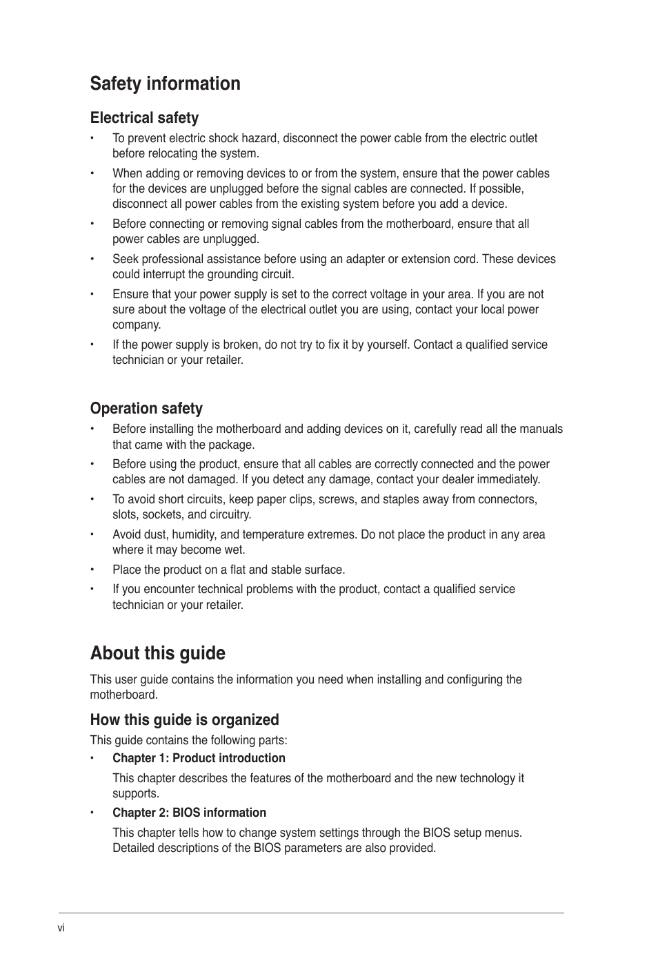 Safety information, About this guide, Electrical safety | Operation safety, How this guide is organized | Asus M2N68-AM SE User Manual | Page 6 / 48